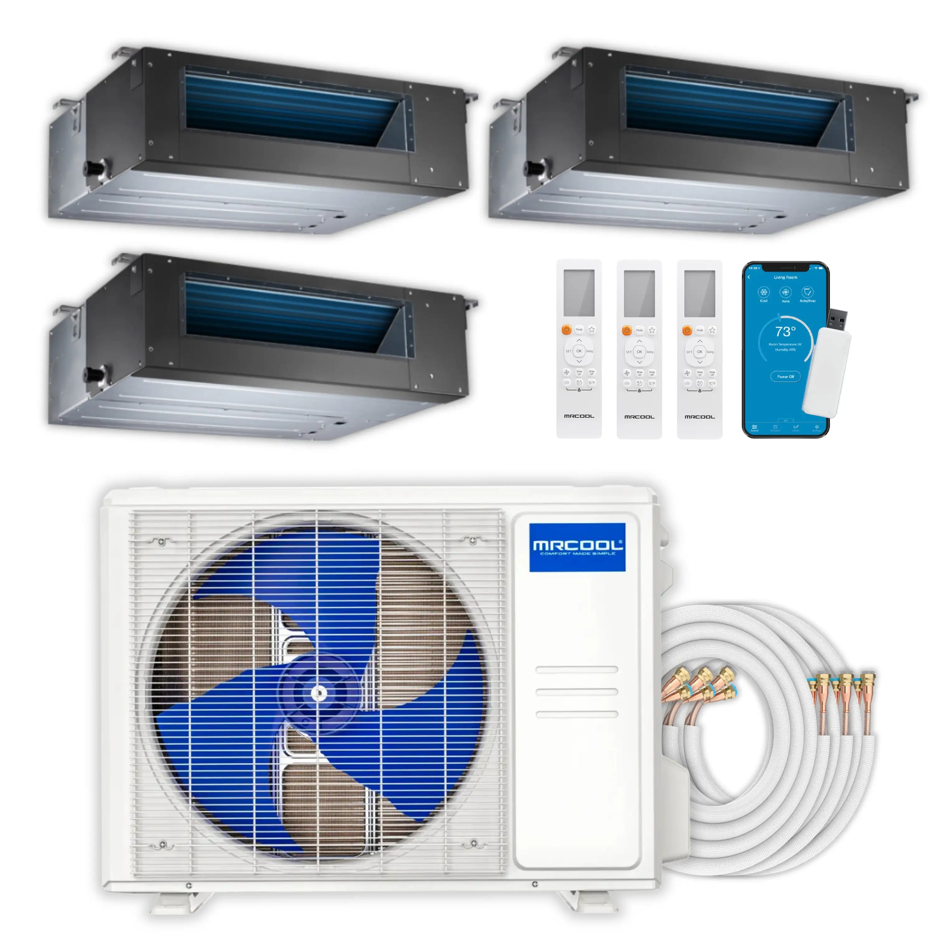 Ducted air handler set with three remotes and MRCOOL outdoor condenser