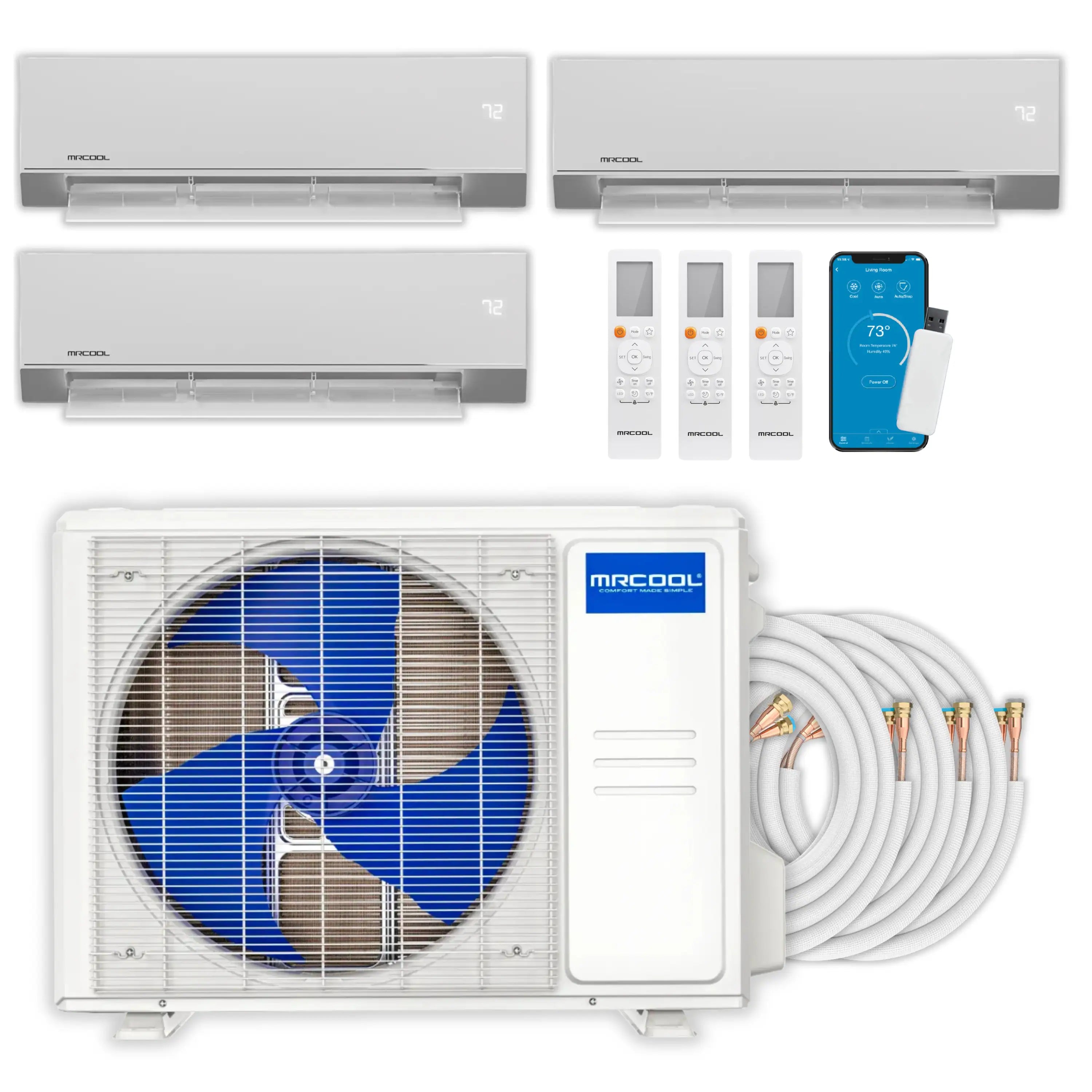 Mini split kit with three wall air handlers, outdoor condenser, remote, and line set