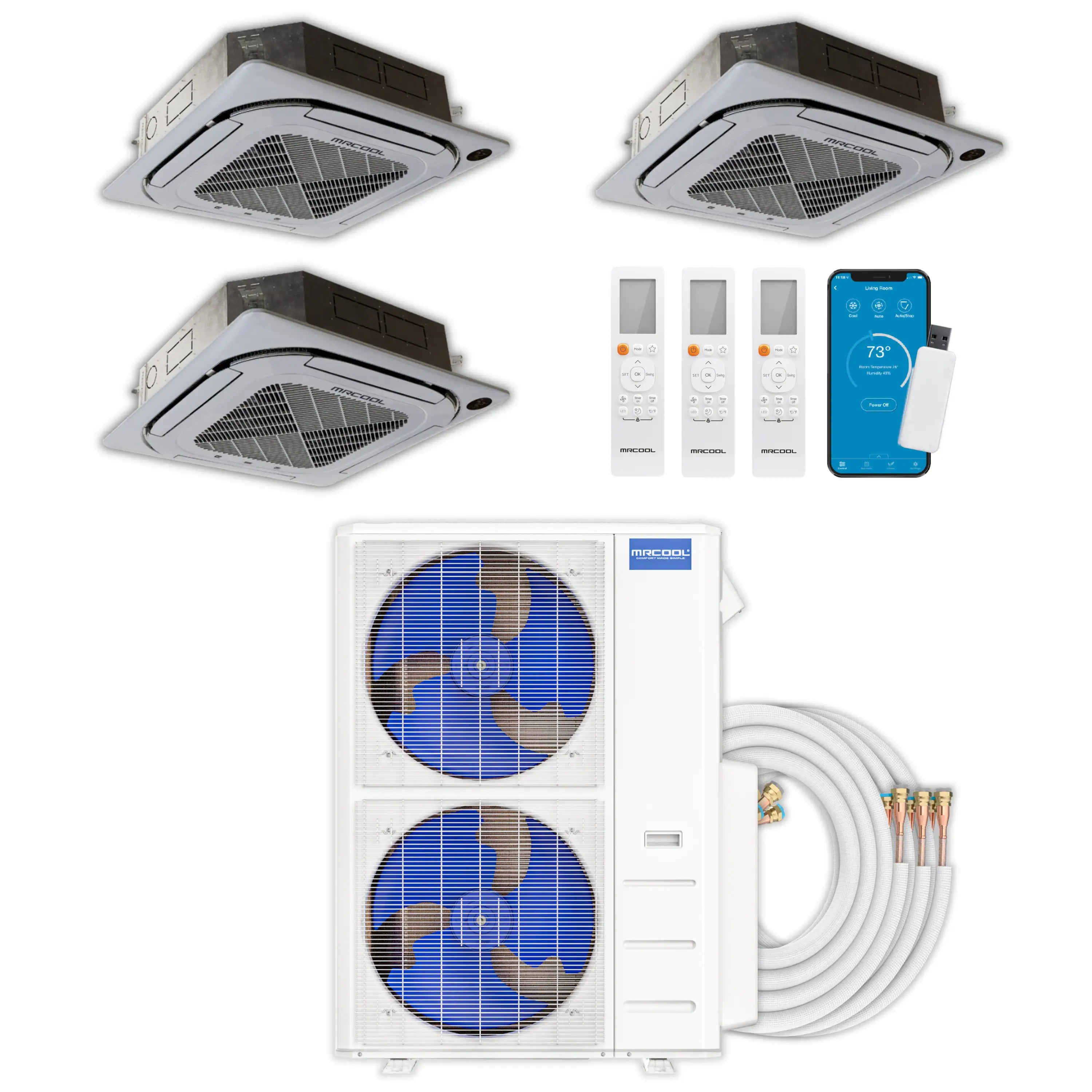 Three ceiling cassette air handlers with MRCOOL controller and outdoor condenser
