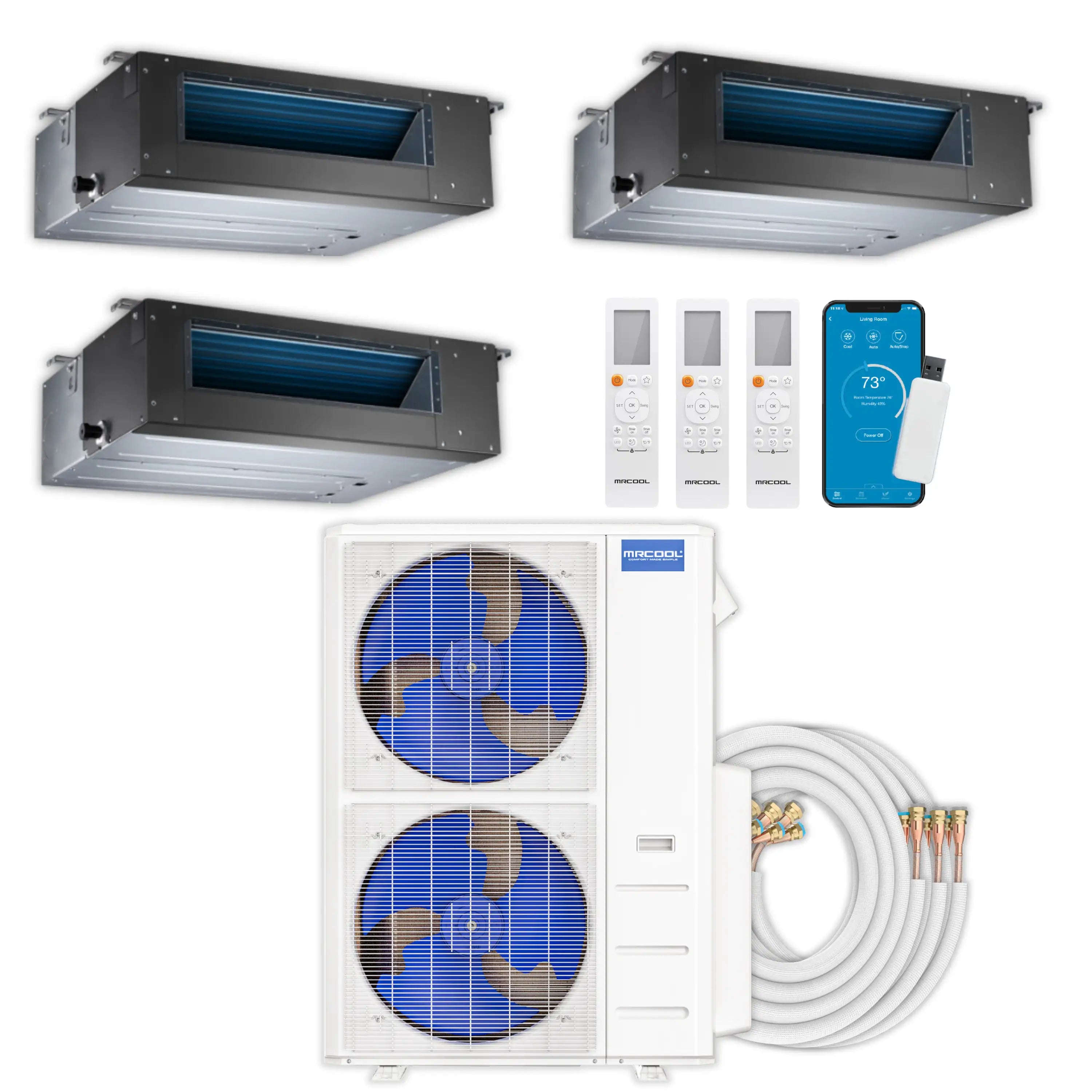 Set of ceiling-concealed ducted mini-split air handlers with remote and wiring