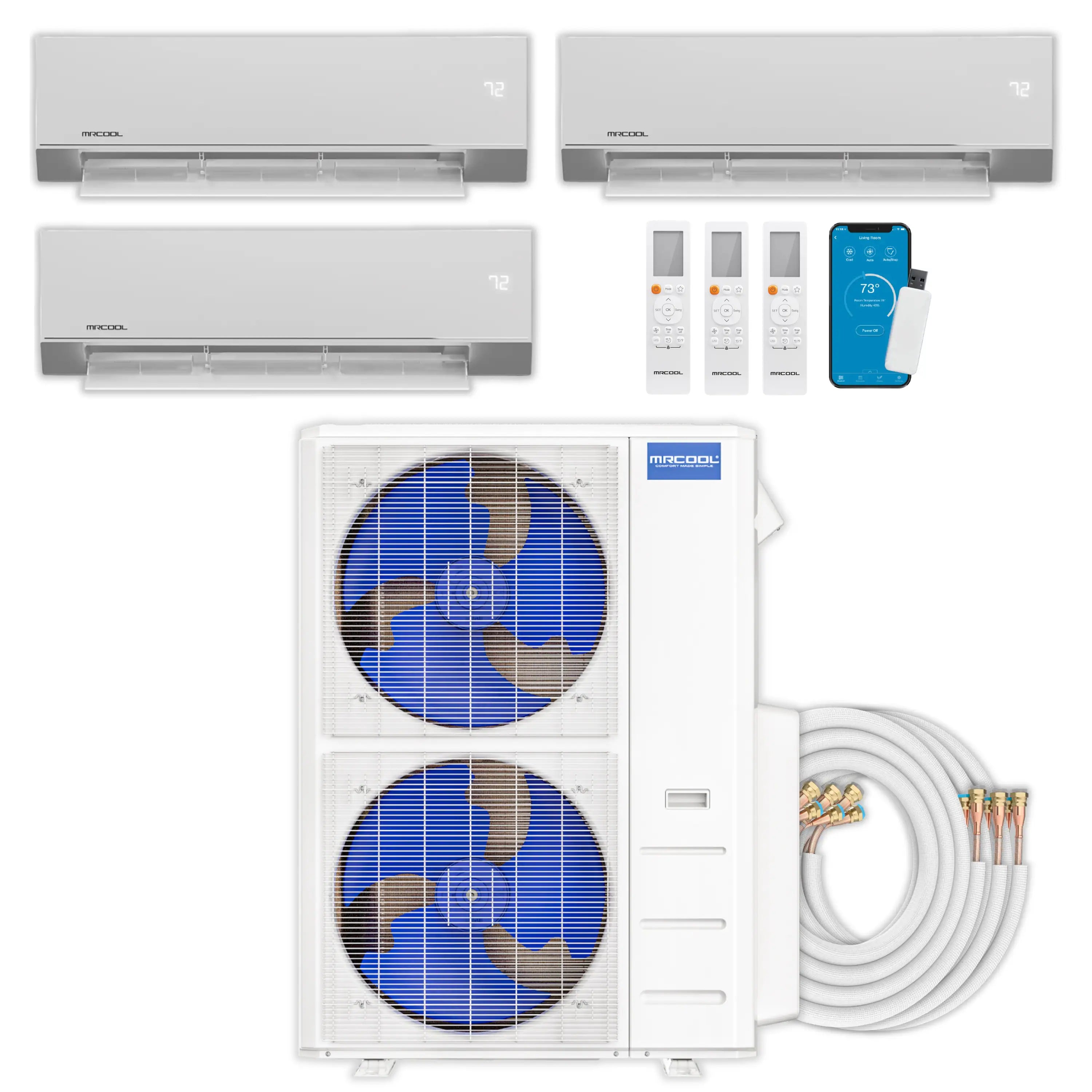 Three white wall-mounted mini split indoor units with remote and control cards