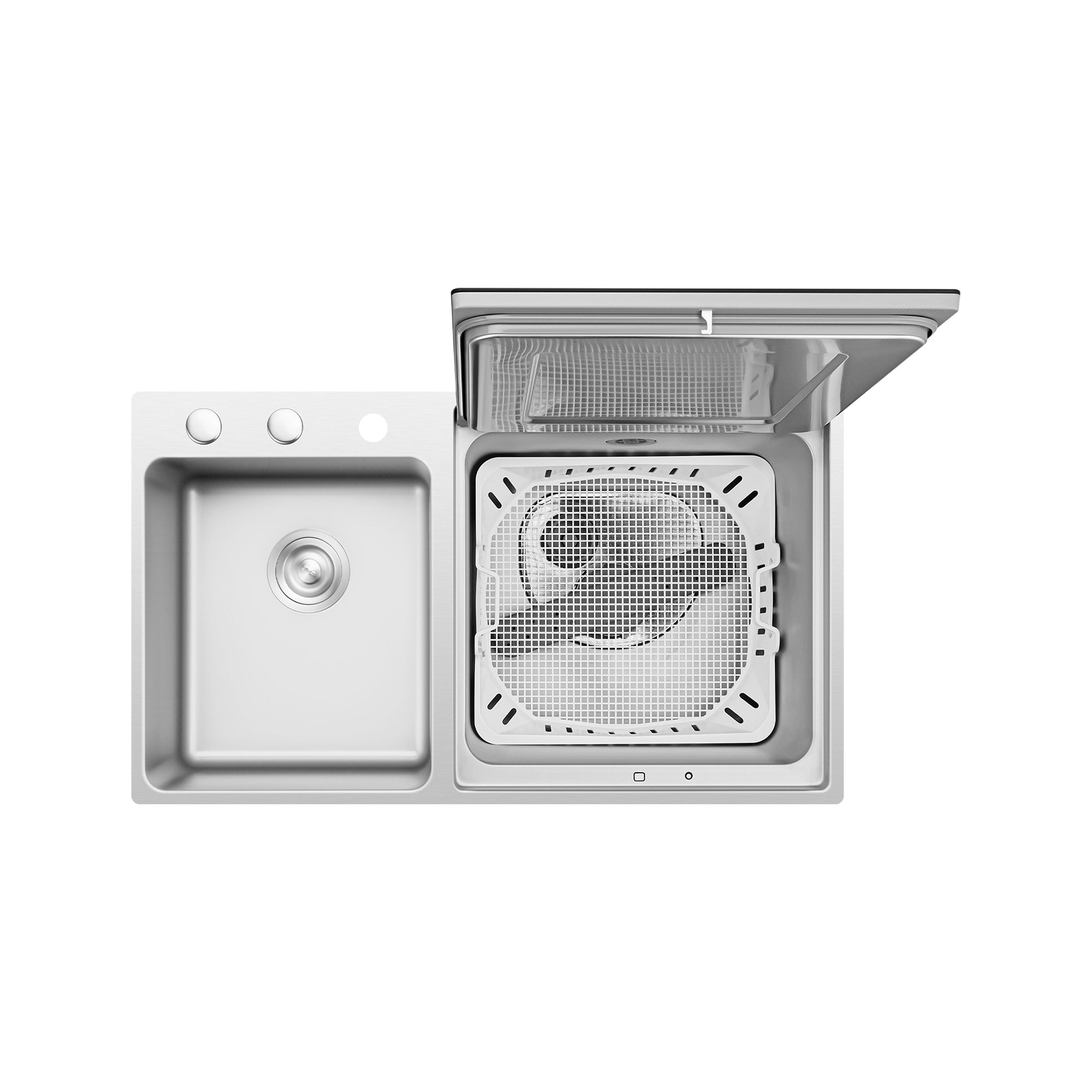 Fotile 3-in-1 in-sink dishwasher with open filter basket and left sink basin