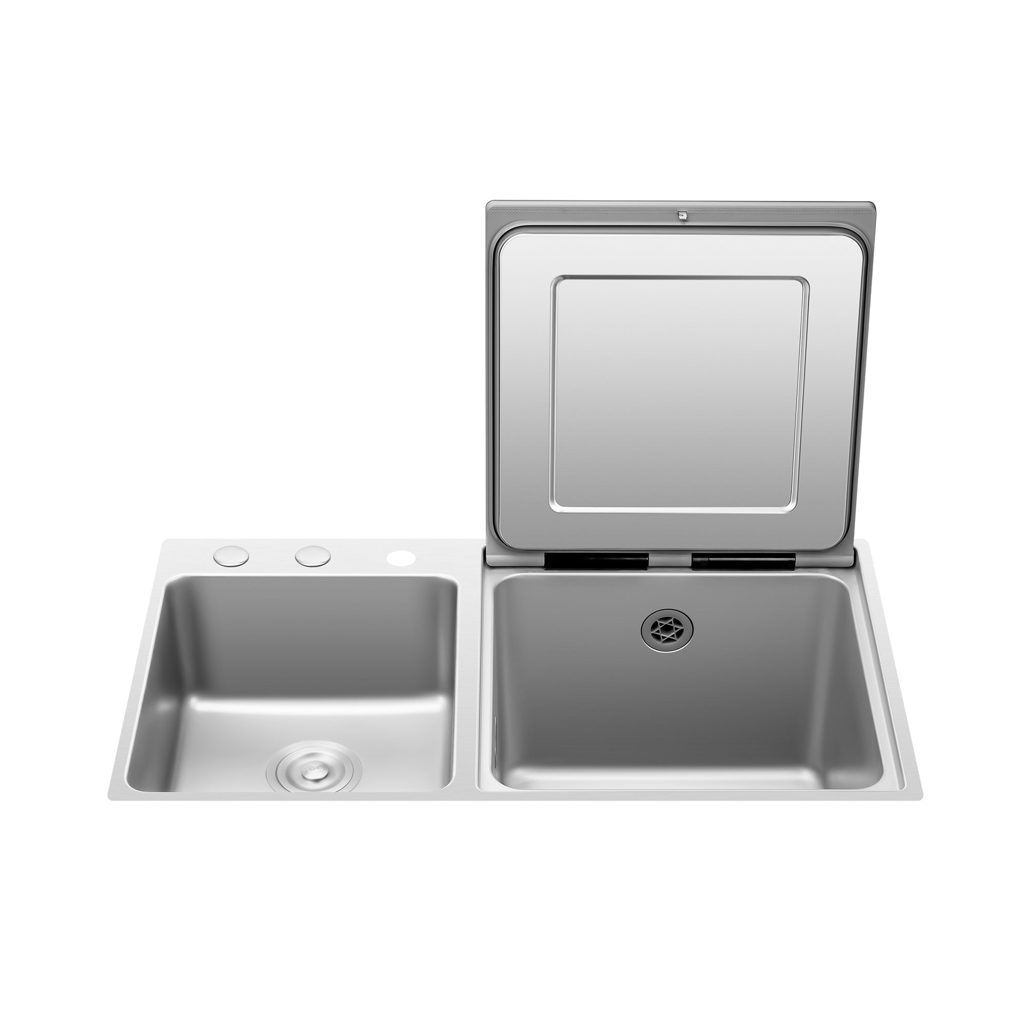 Fotile 3-in-1 in-sink dishwasher with open lid and front sink basins