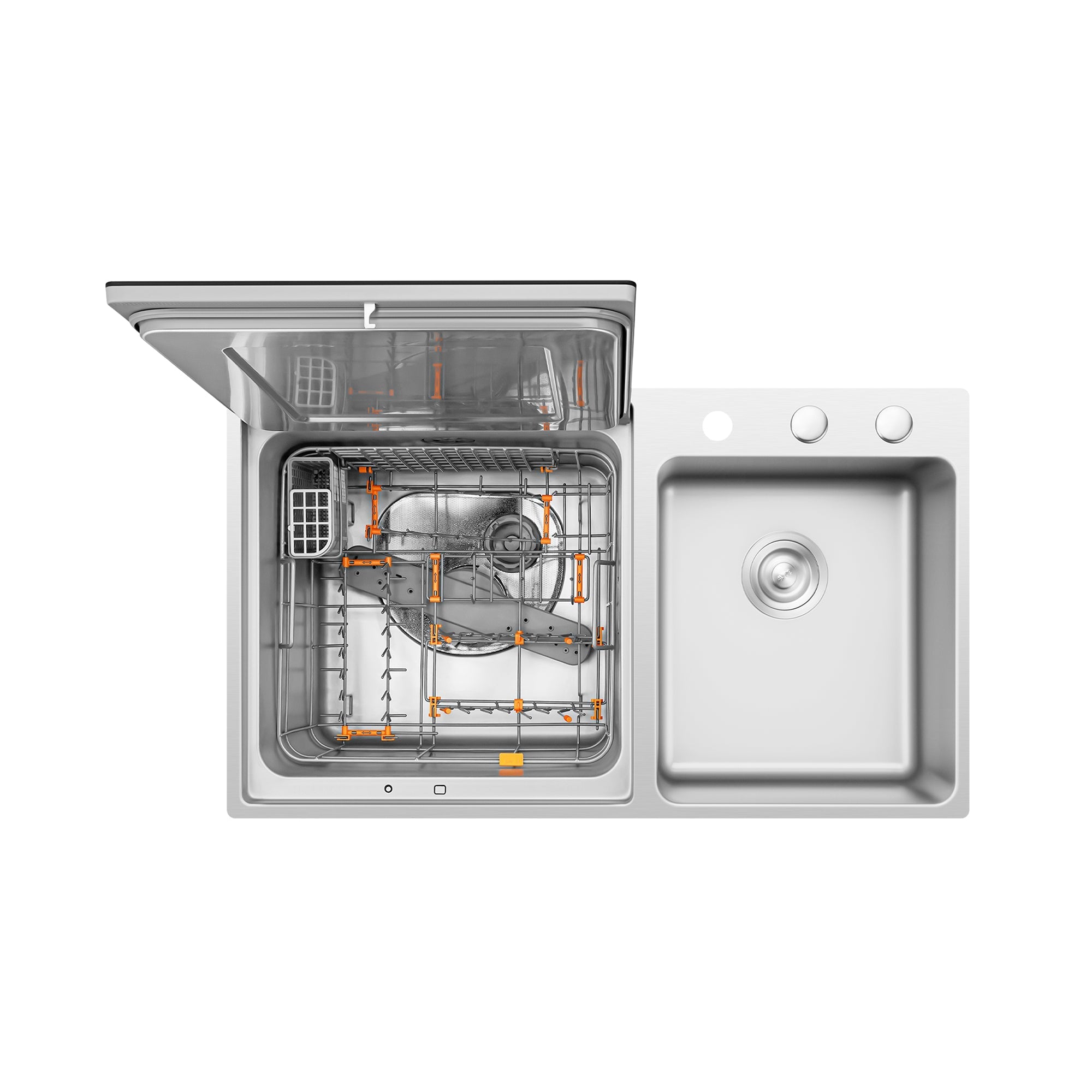Fotile 3-in-1 in-sink dishwasher with open interior rack and right-side sink