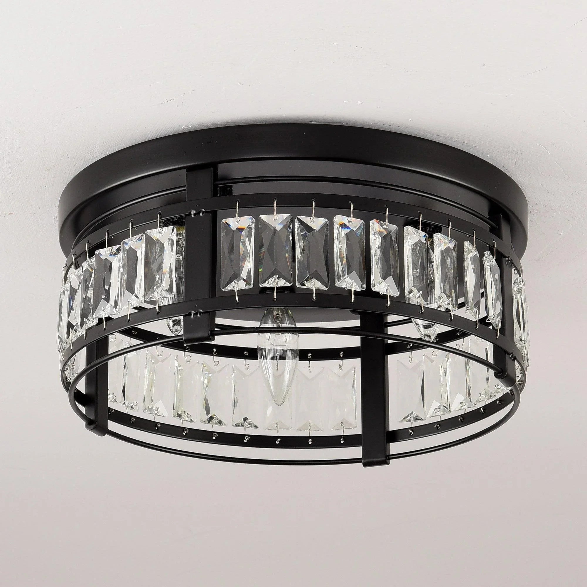 Black flush mount ceiling light with clear crystal prisms and exposed bulb glow