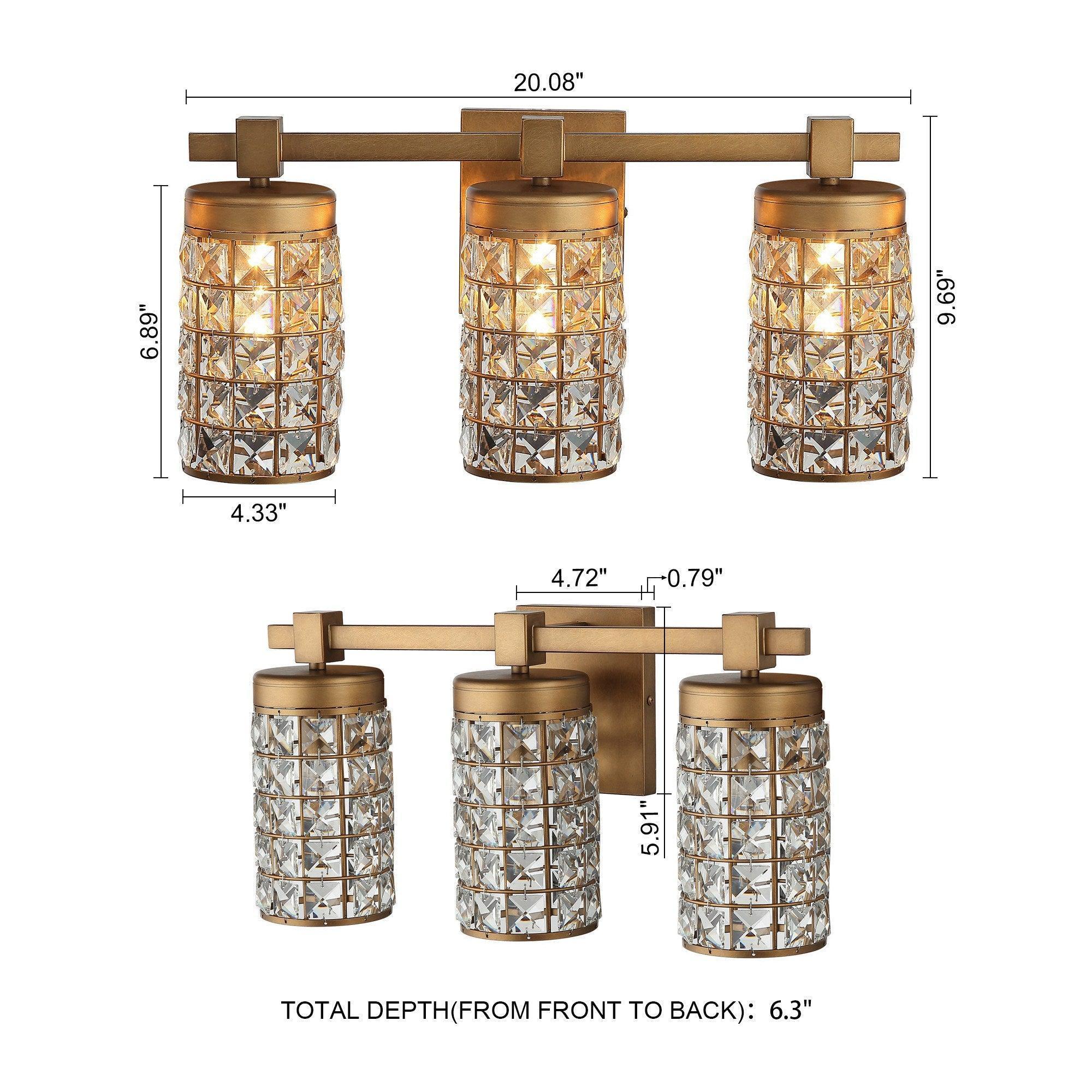 3-light golden vanity wall sconce with linear bar and crystal glass cylinder shades; dimensions shown