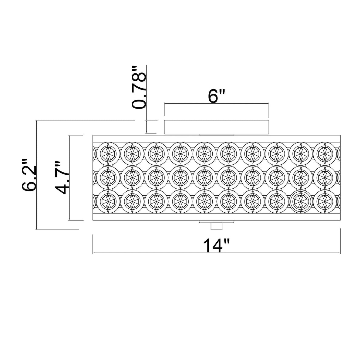 Flush mount ceiling light dimensions diagram, 14 in diameter and 6 in height