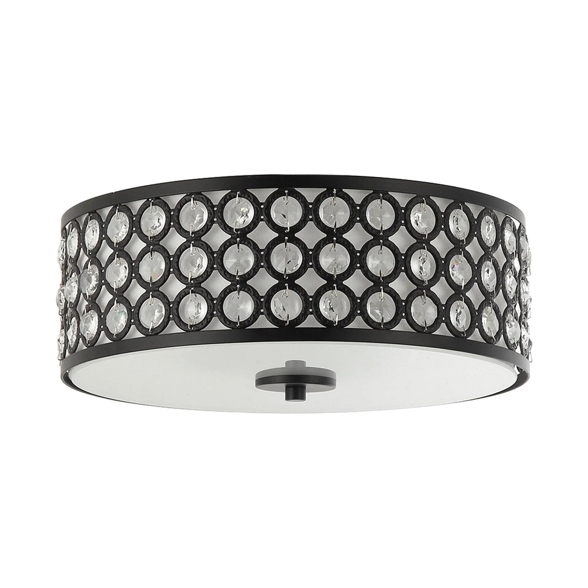 Black flush mount ceiling light with crystal circle pattern and metal center hub