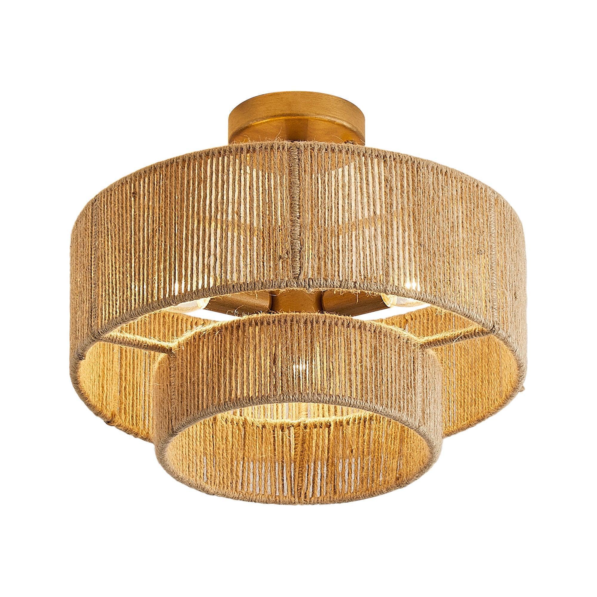 Golden flush mount ceiling light viewed from below, showing inner bulb holders.