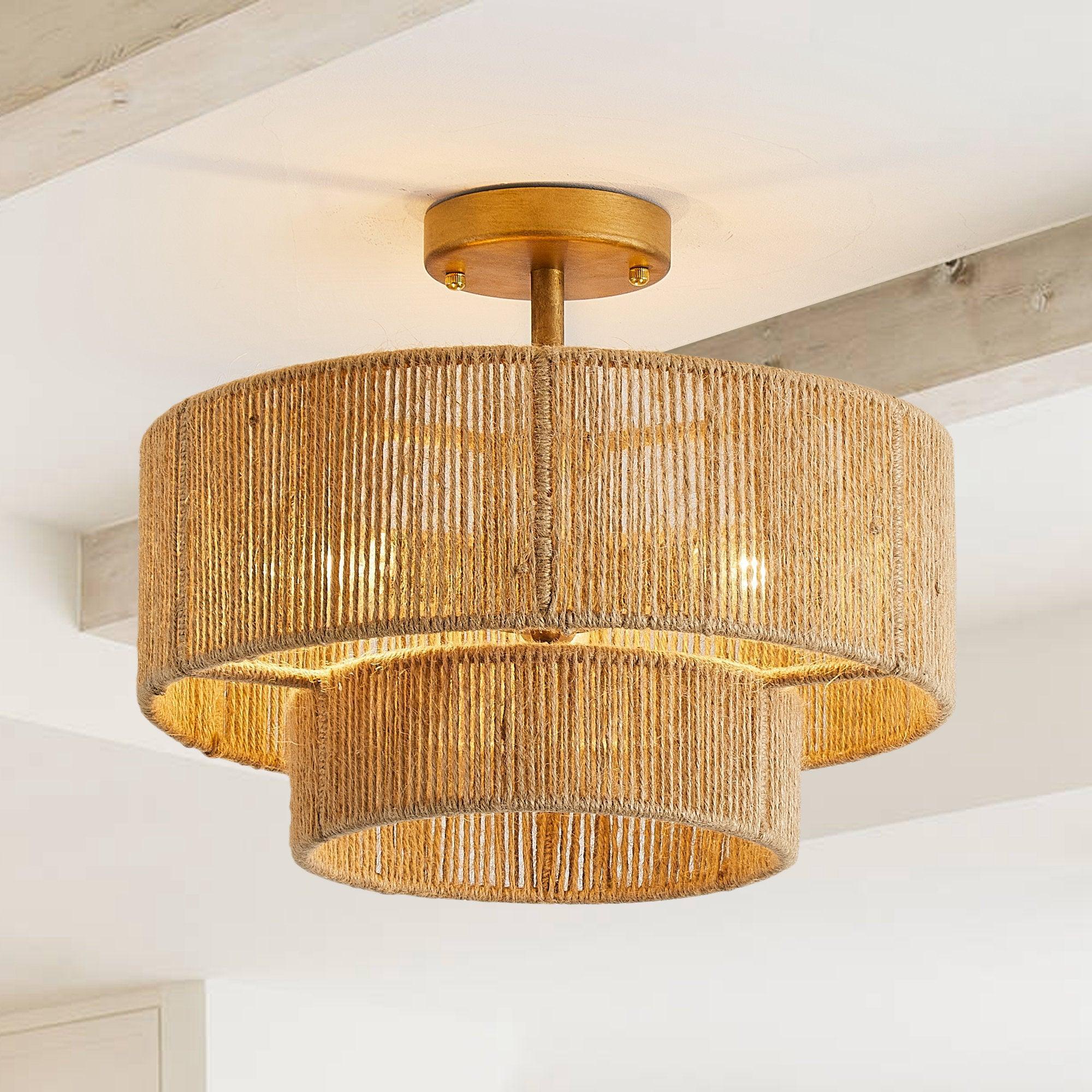 Golden traditional flush mount light with layered woven drum shade and brass canopy.