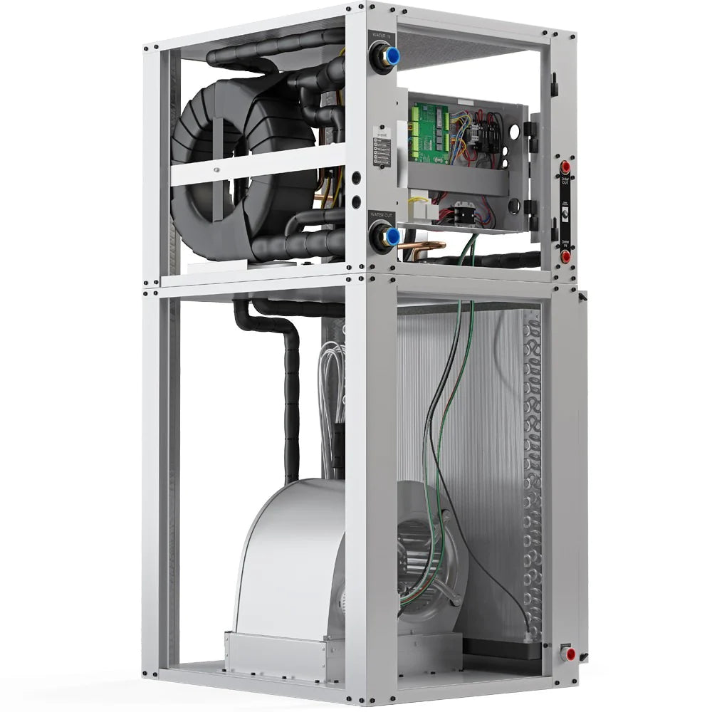MRCOOL GeoCool indoor unit with front open, showing wiring, piping, and insulated housing