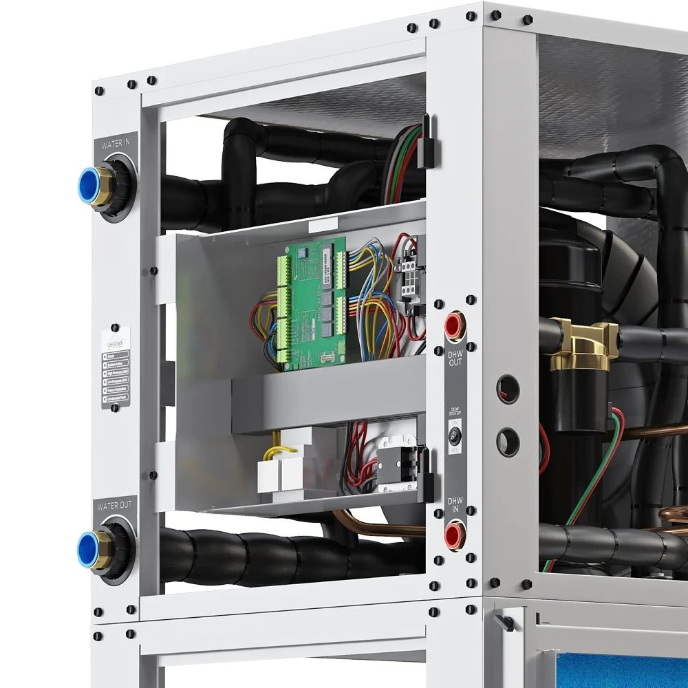 MRCOOL GeoCool indoor unit with front cover open, showing control board and black refrigerant lines