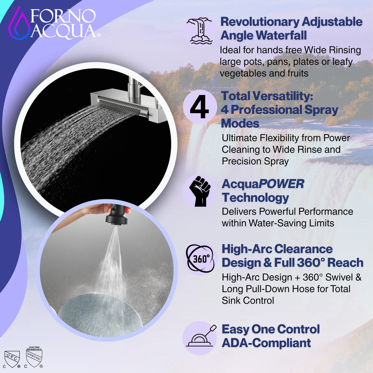 FORNO ACQUA 4 Function Waterfall Pull-Down Kitchen Faucet in Black (FCWRMBKD1)