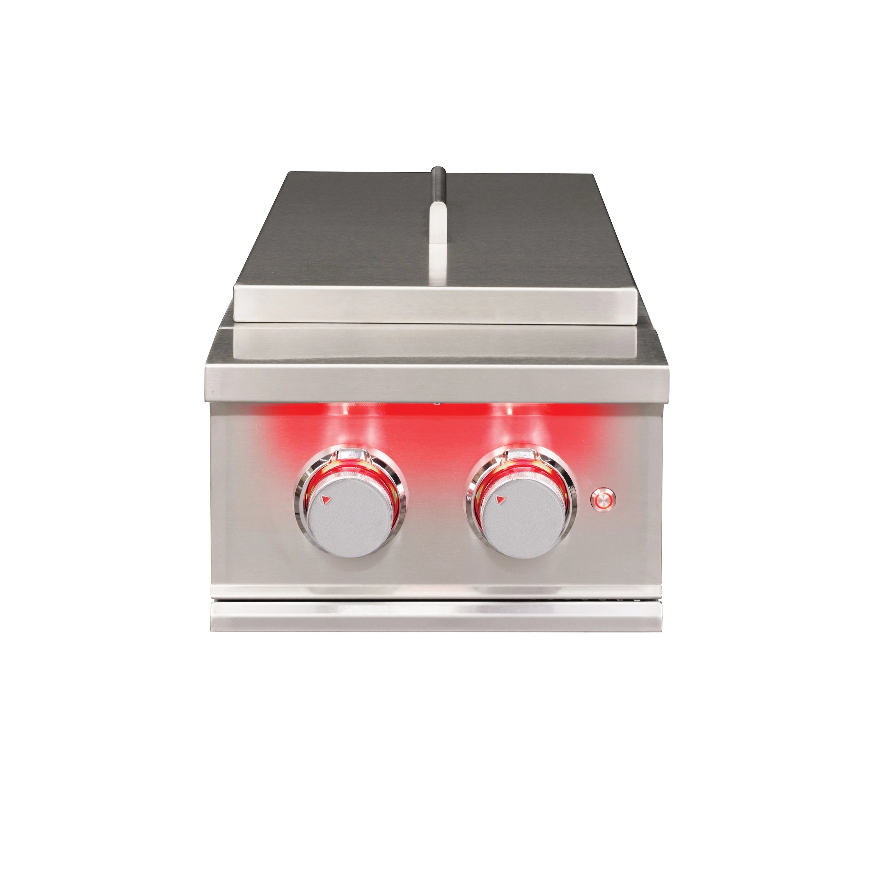 Stainless steel double natural gas side burner, front view with two control knobs