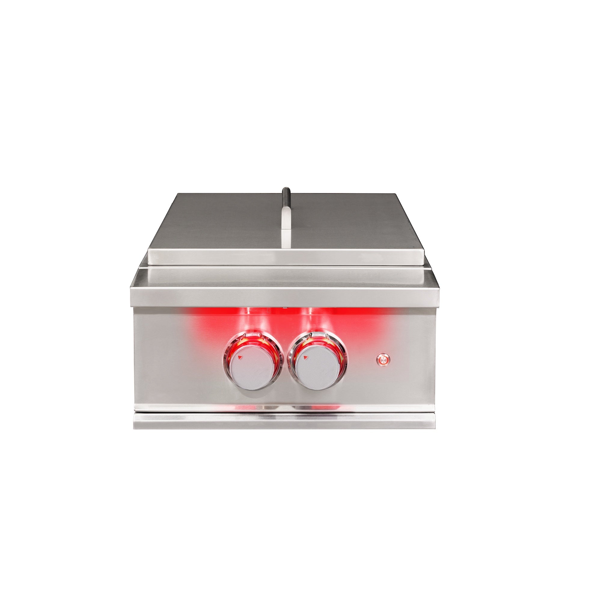 Stainless steel natural gas power burner with two red knobs and top handle
