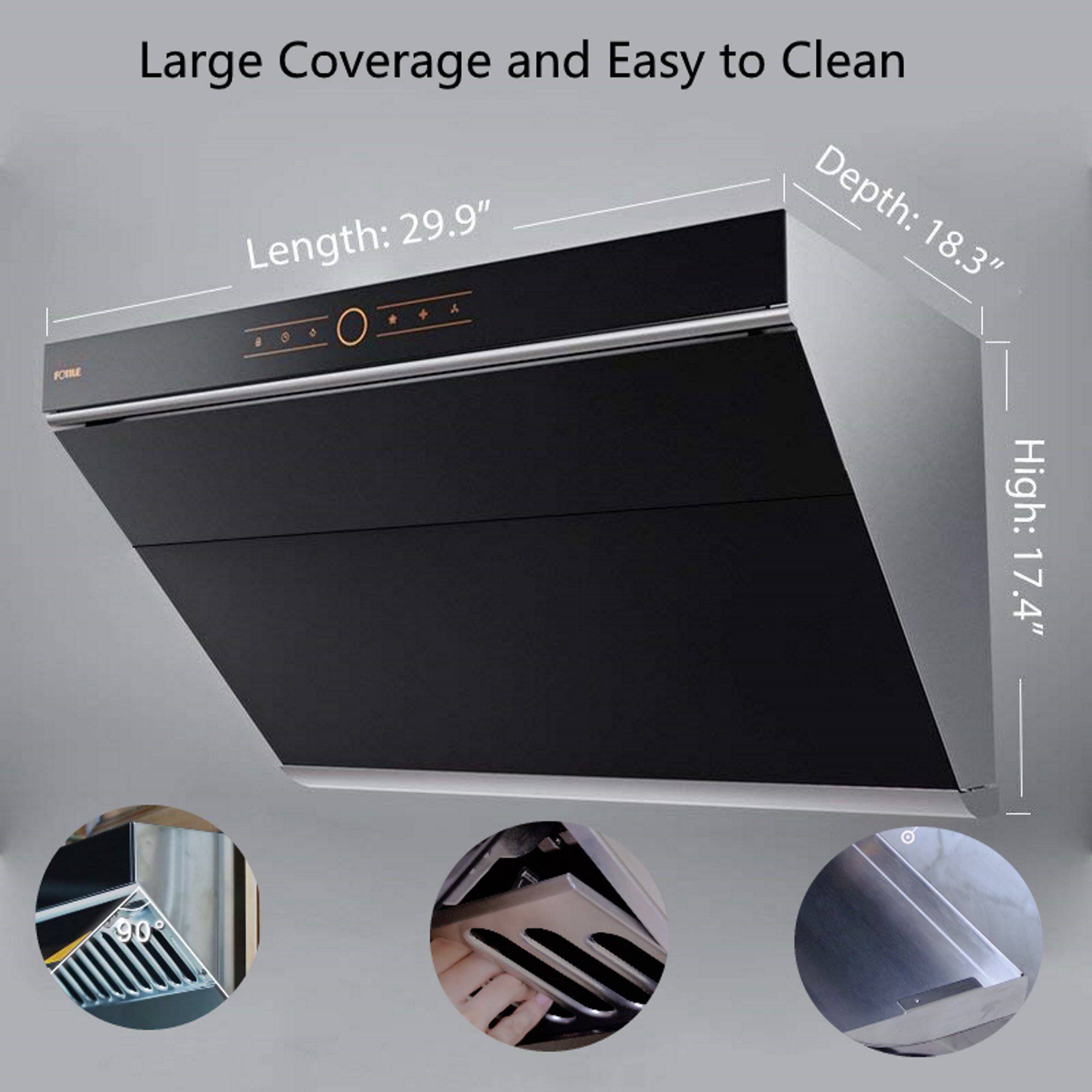 Under-cabinet slant range hood in black with control strip and vent opening