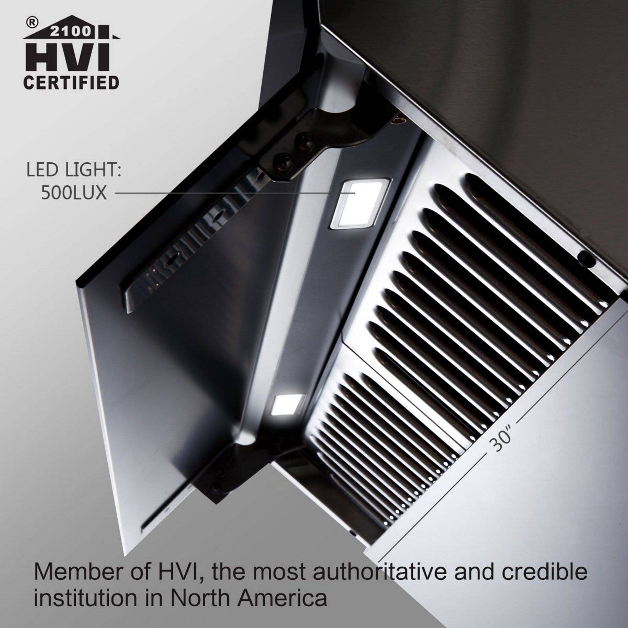 Black and stainless slant range hood with vent grille, LED light openings, and controls