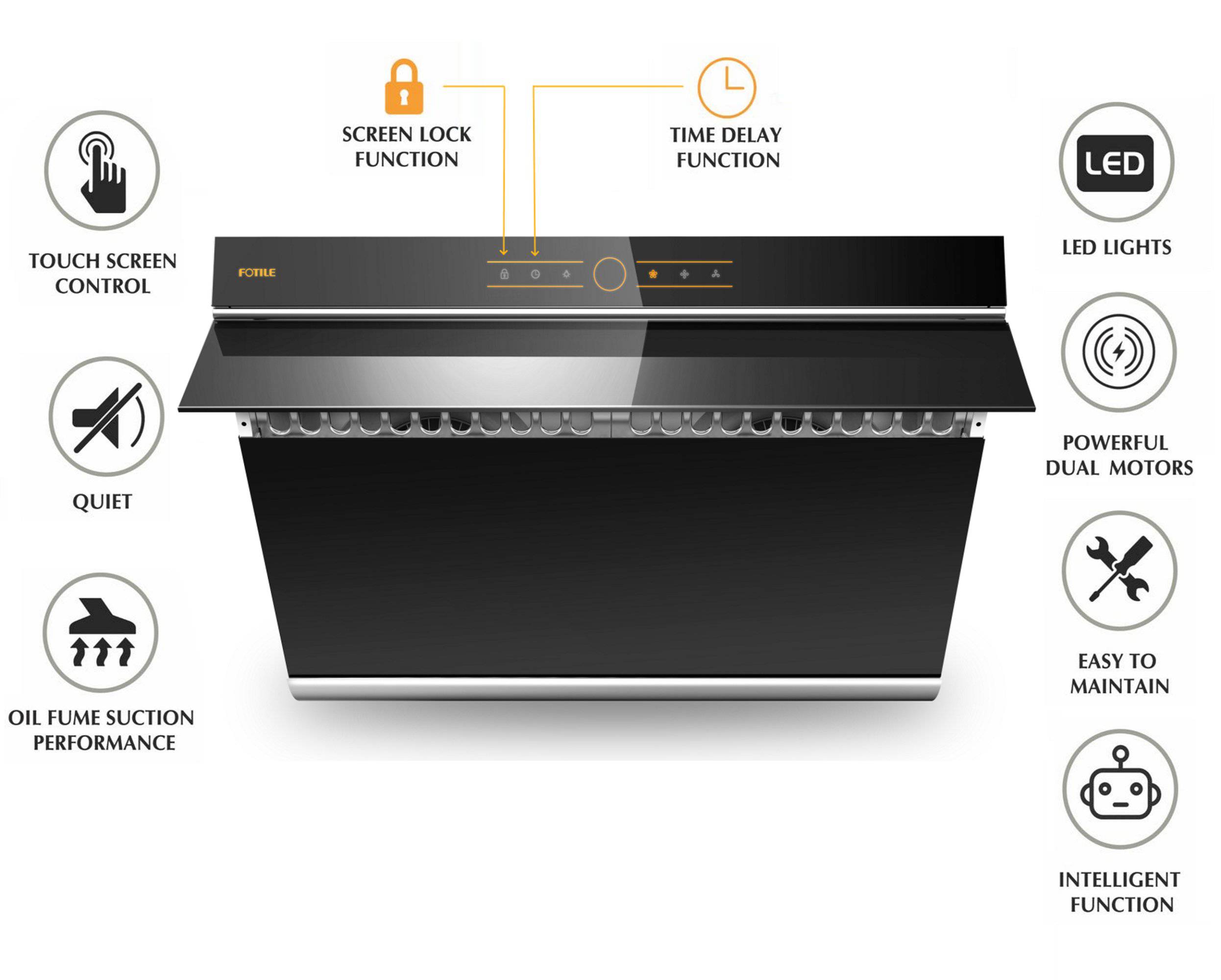 Black range hood with feature icons for screen lock, timer delay, and LED lights