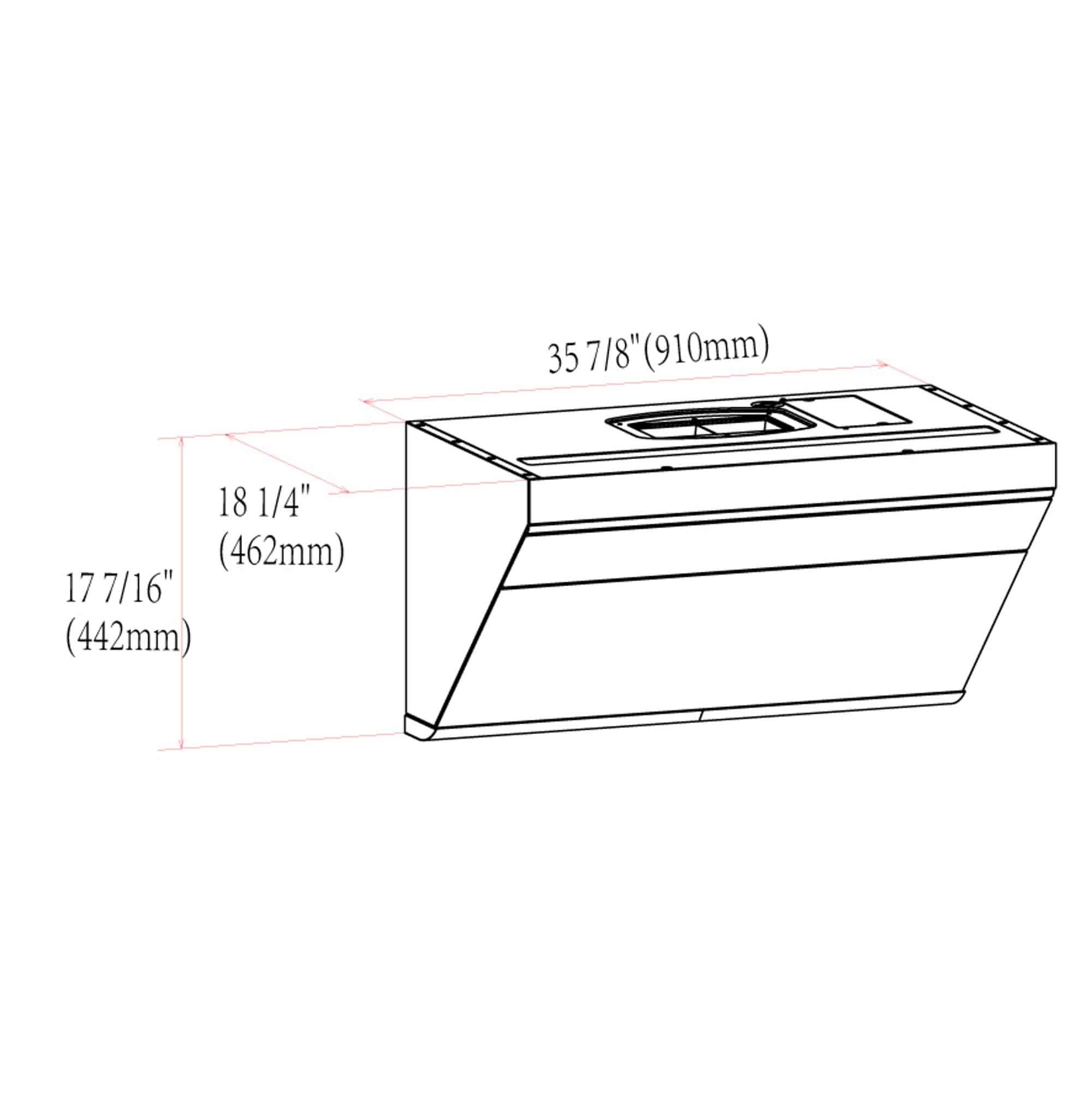 Range hood size diagram with labeled height, width, and depth measurements