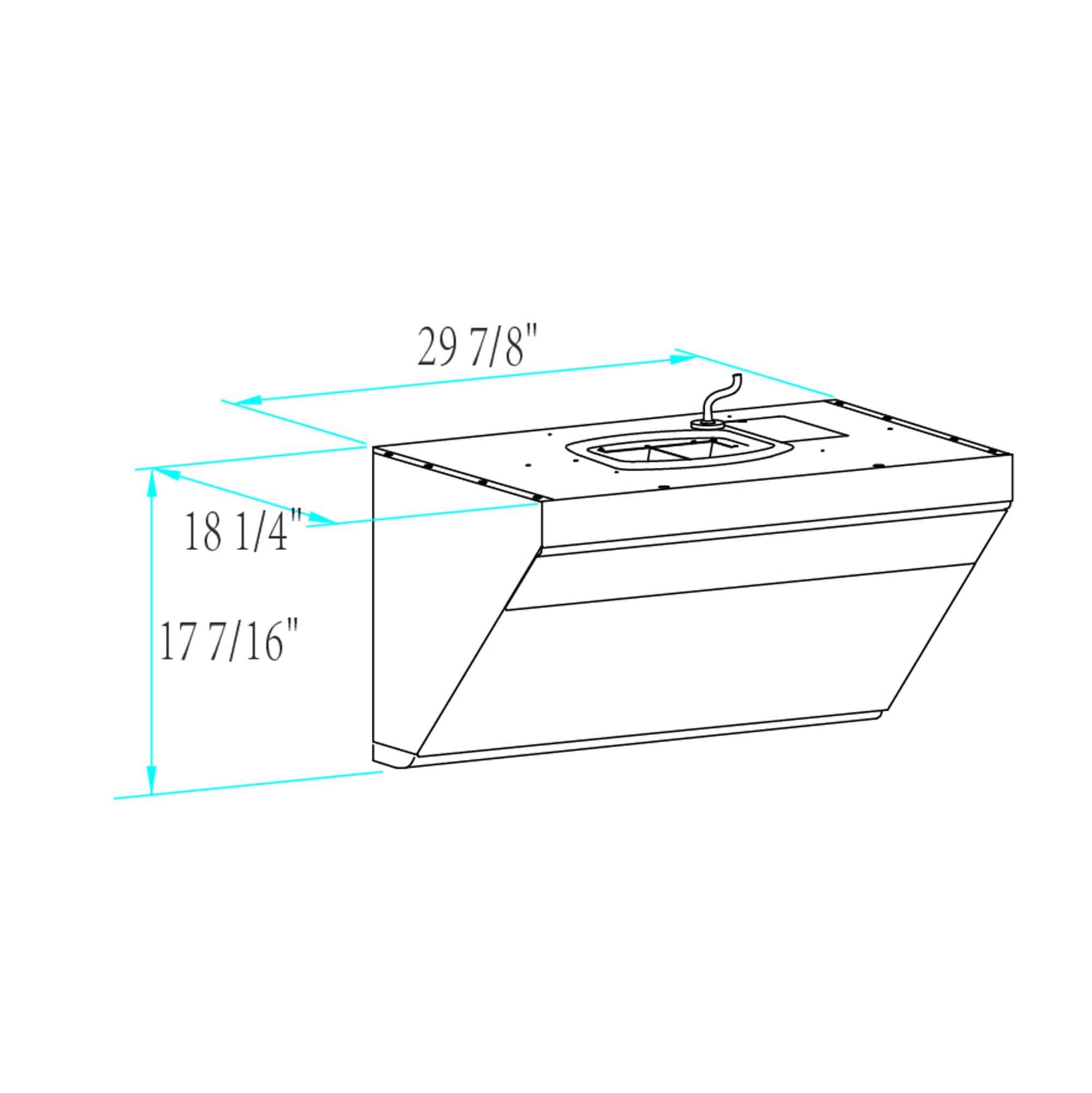 Range hood size diagram with labeled dimensions and vent hood top view