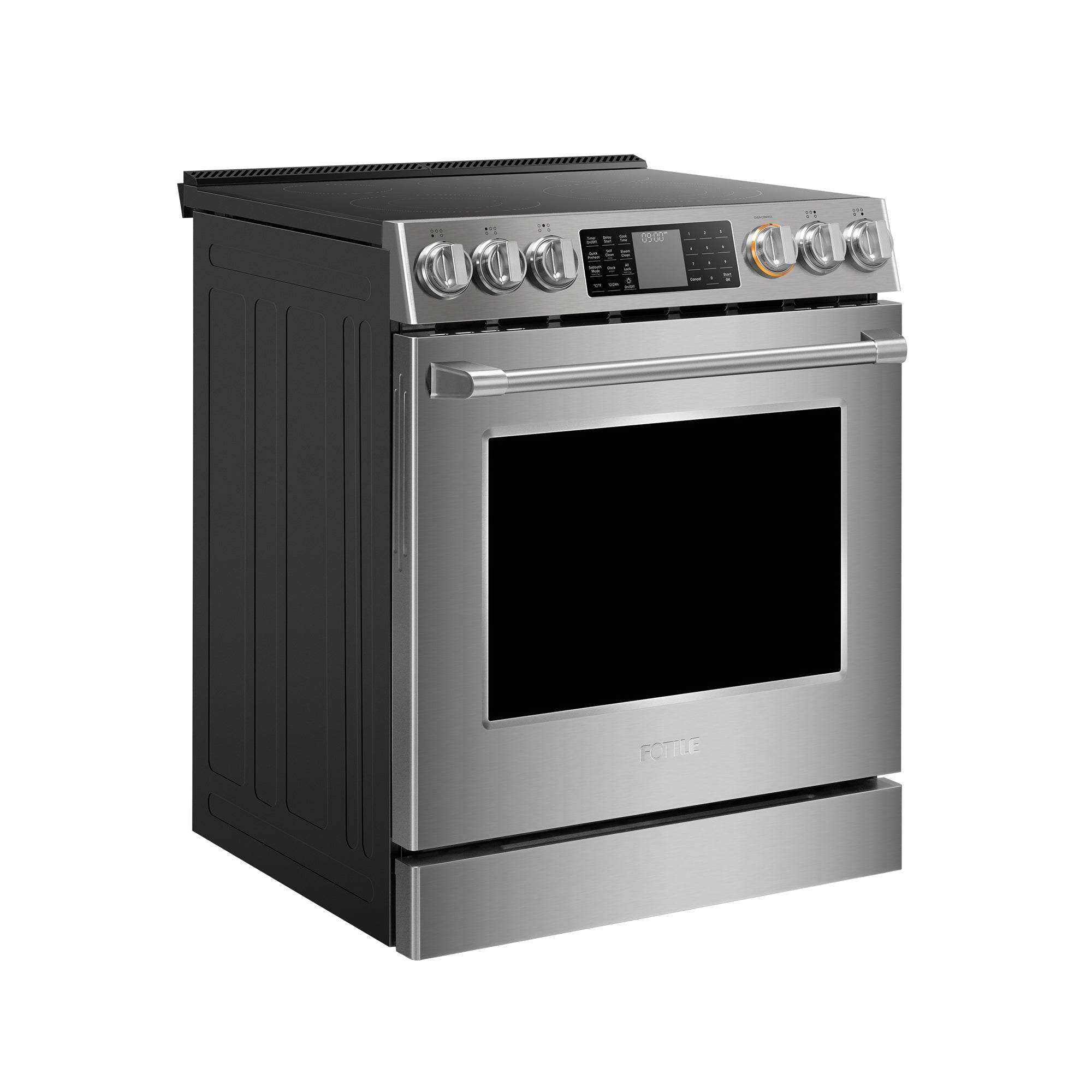 Freestanding stainless electric range with control knobs and oven window