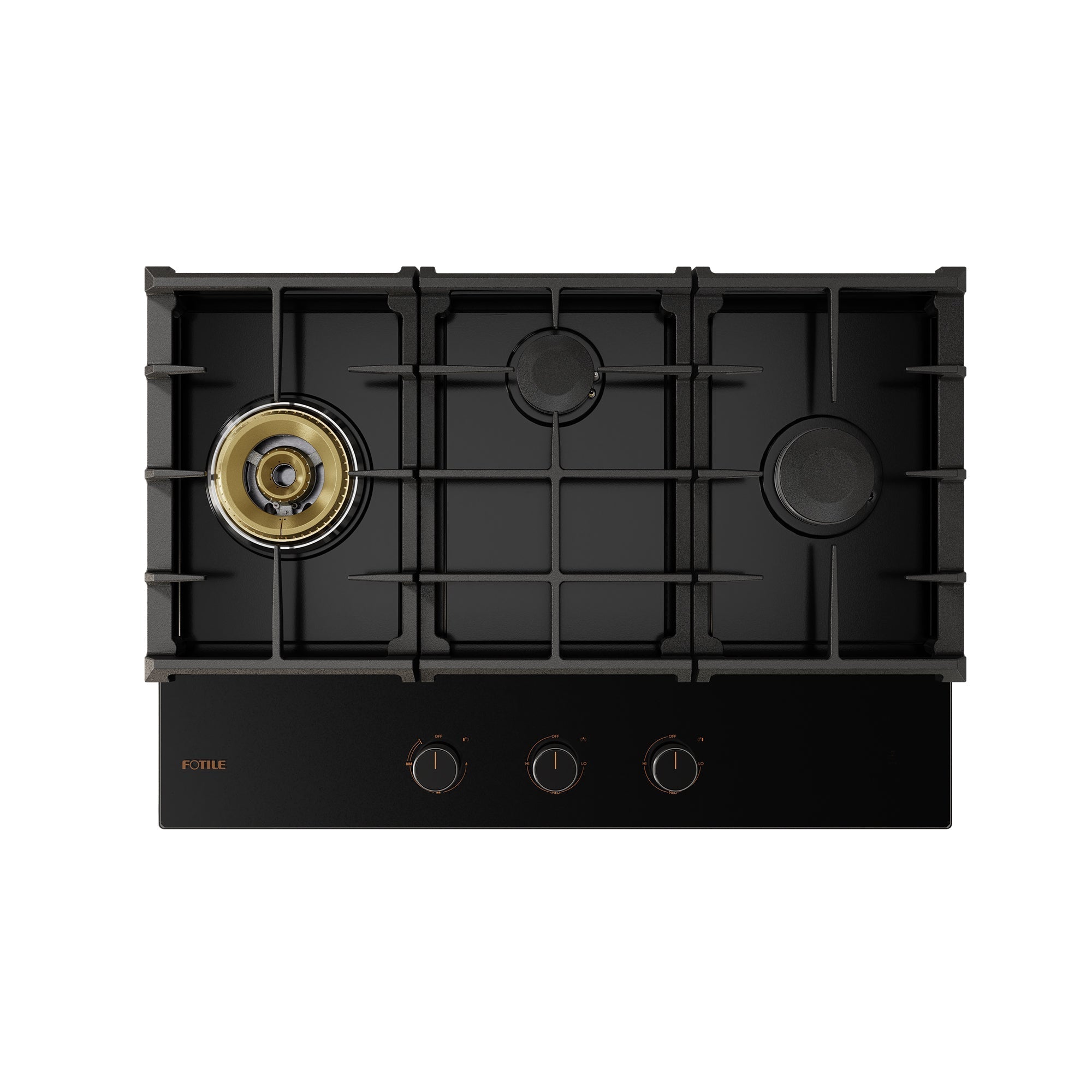 Fotile gas cooktop with black tempered-glass top, three burners, and control knobs