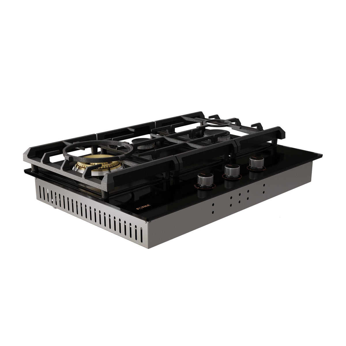 Fotile gas cooktop angled view with three burners, black grates, and stainless side vents