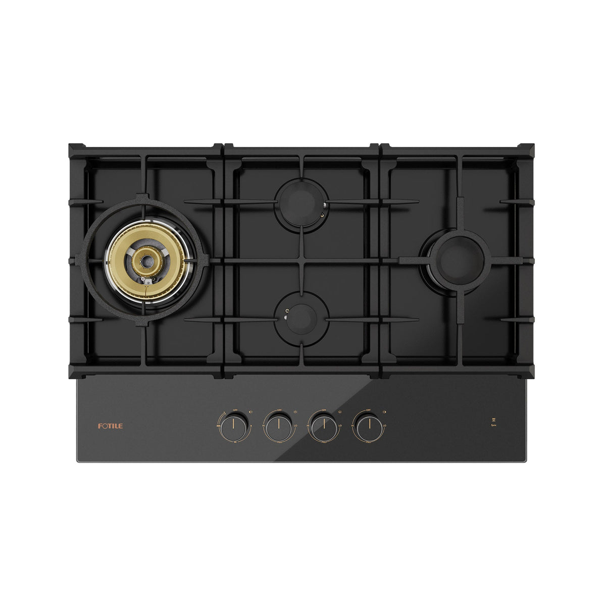 Black gas cooktop front view with cast-iron grates and four round control knobs.