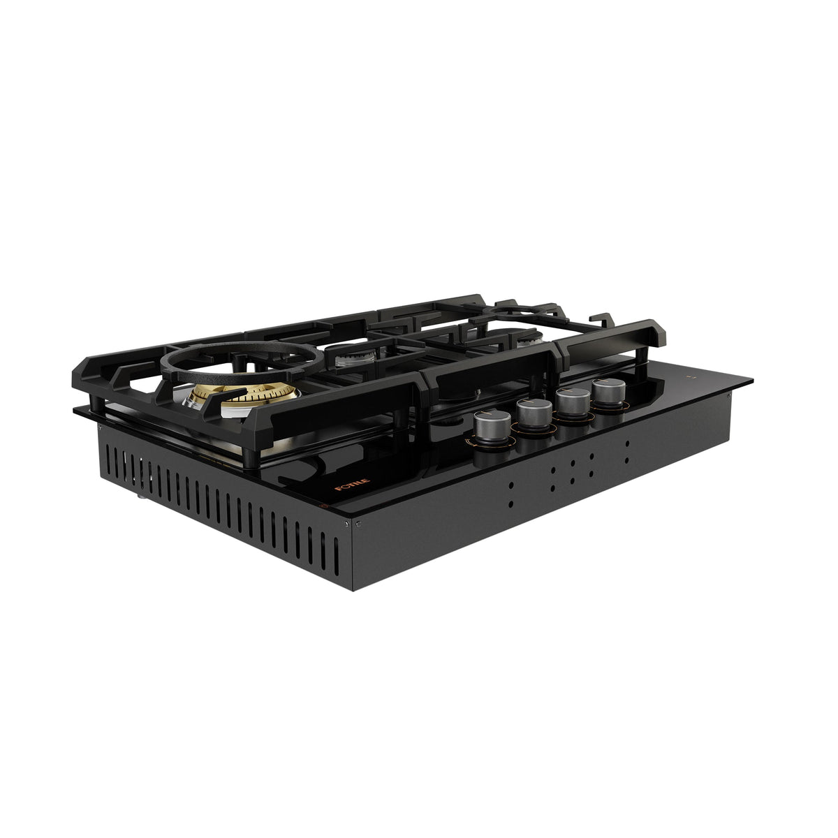Black tempered-glass tri-ring gas cooktop with 3 burners, grates, and control knobs