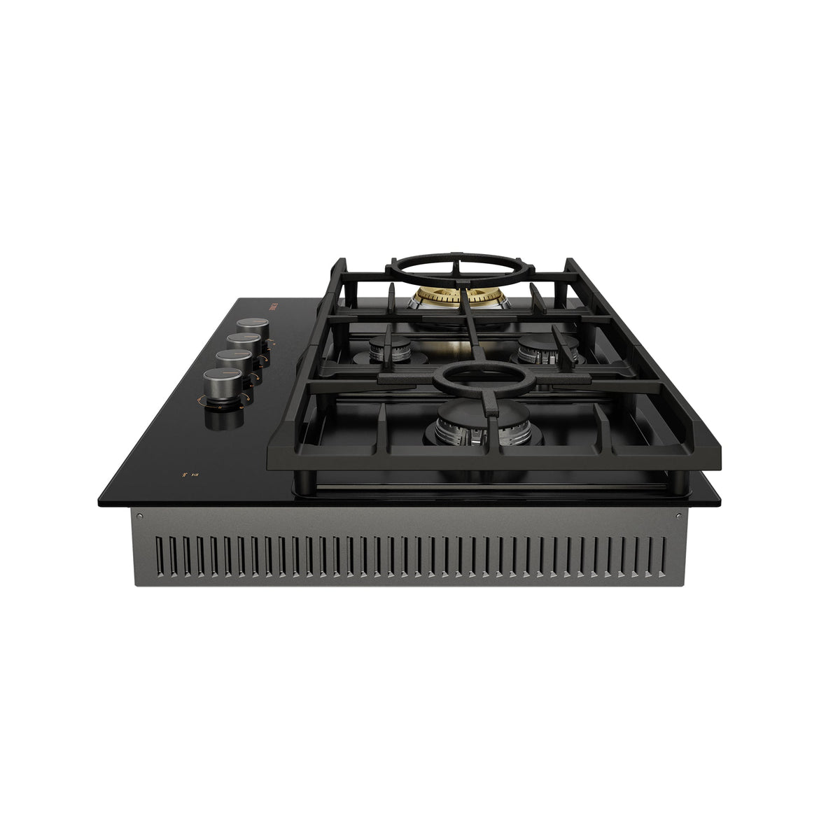 Black gas cooktop angled view showing four burners, cast-iron grates, and four knobs.