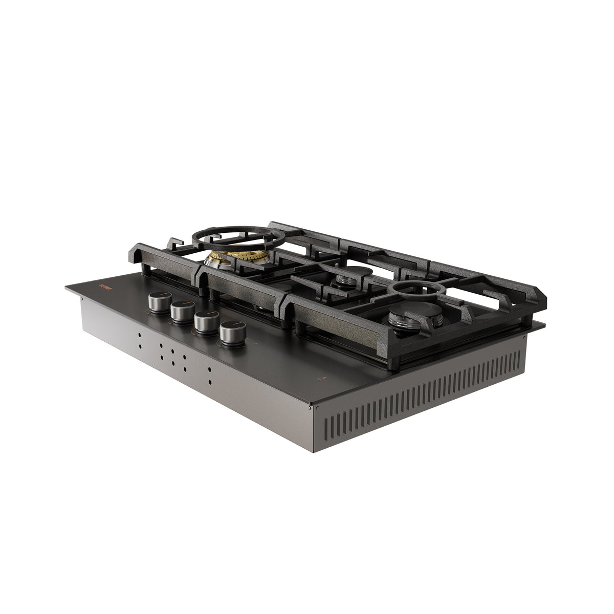 Black gas cooktop slanted view with cast-iron grates and four burners across the top.
