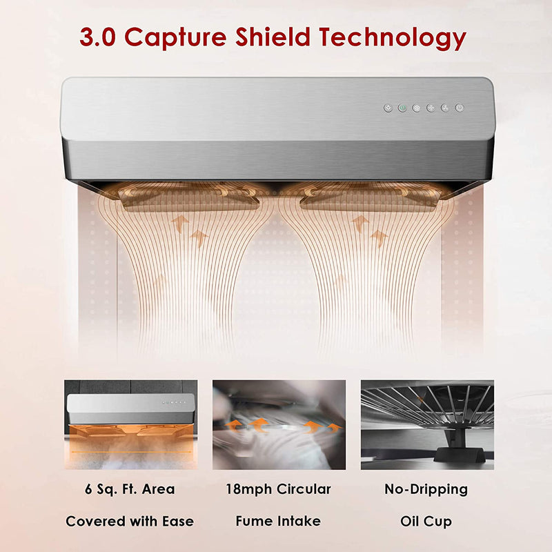 Fotile Pixie Air Series 30-Inch 800 CFM Slim Line Under Cabinet Range Hood with WhisPower Motors and Capture-Shield Technology for Powerful & Quiet Cooking Ventilation (UQS3001)