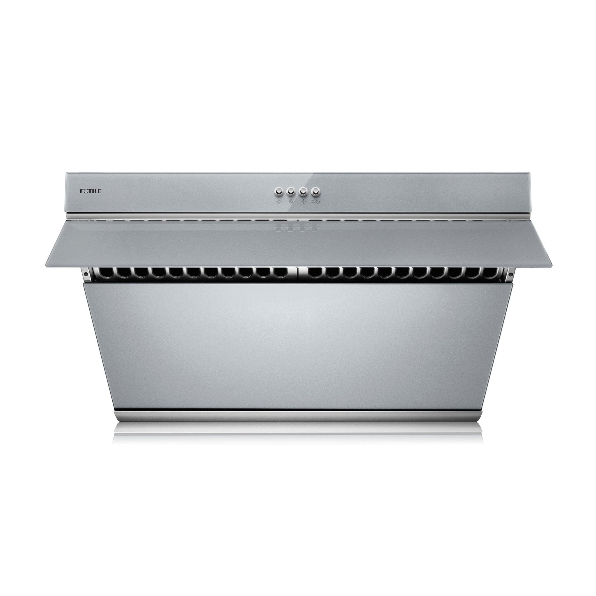 Gray slant range hood with push buttons and 2 LED lights