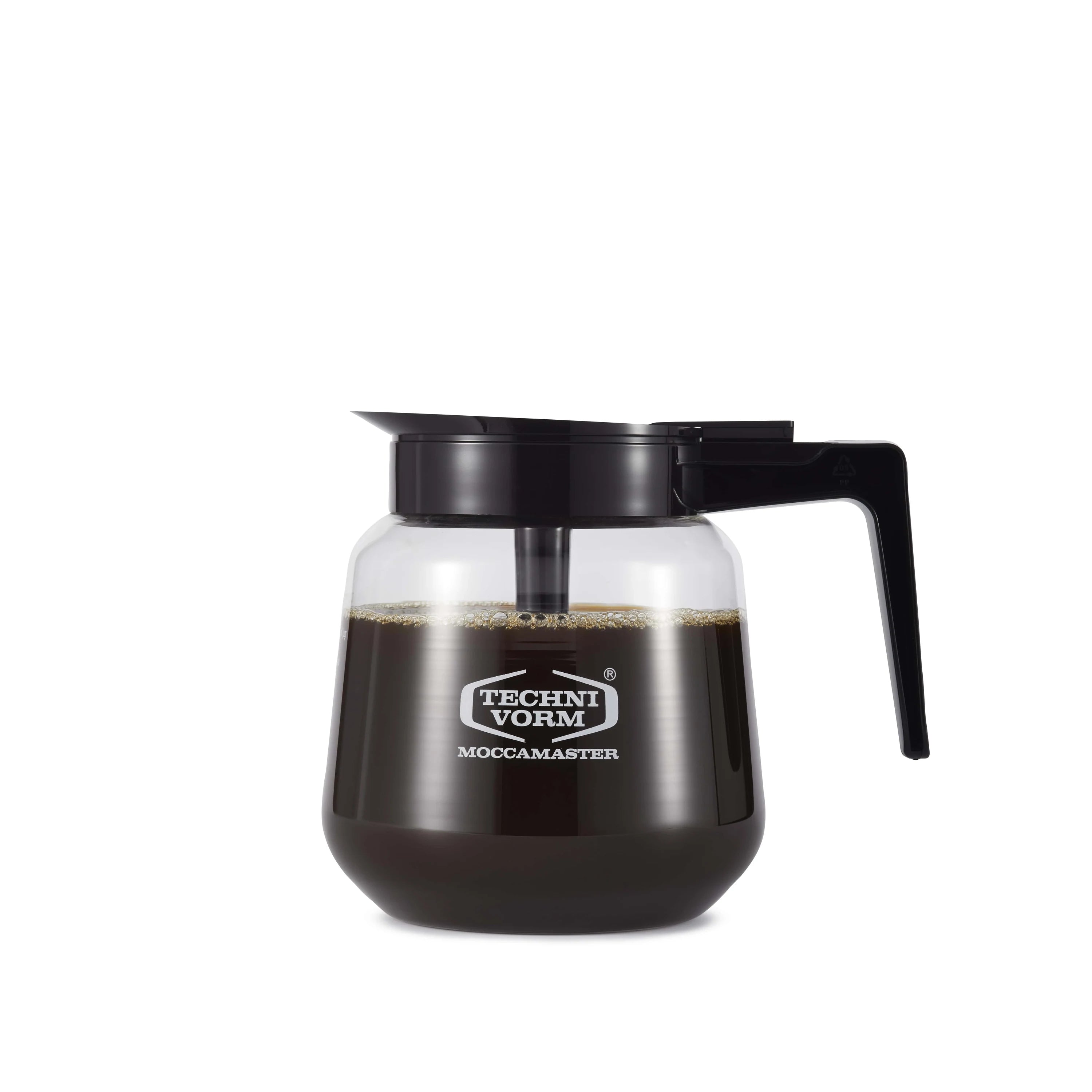 Glass coffee carafe with black handle and lid, dark coffee residue inside