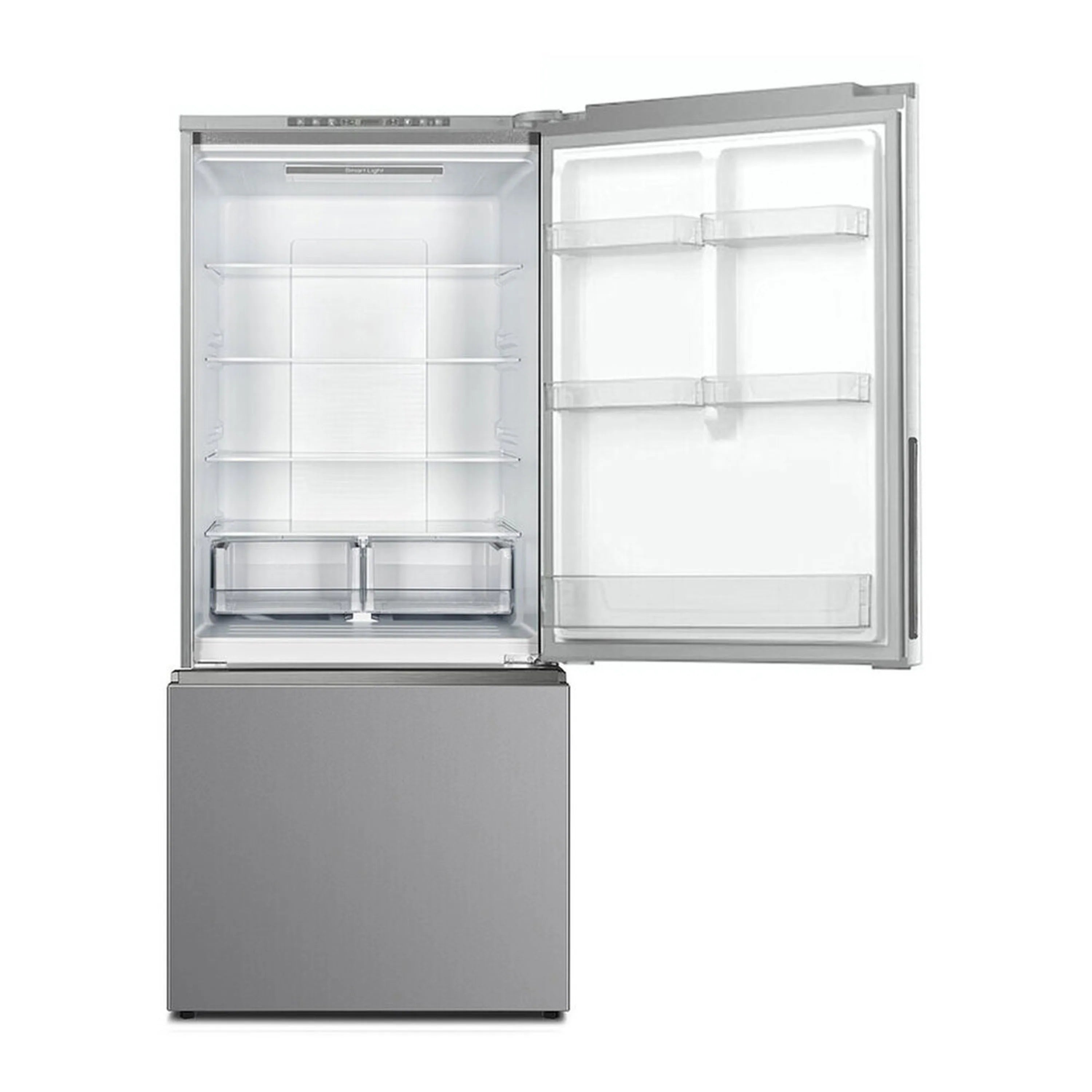 Stainless steel freestanding bottom freezer refrigerator with open doors and wire shelves