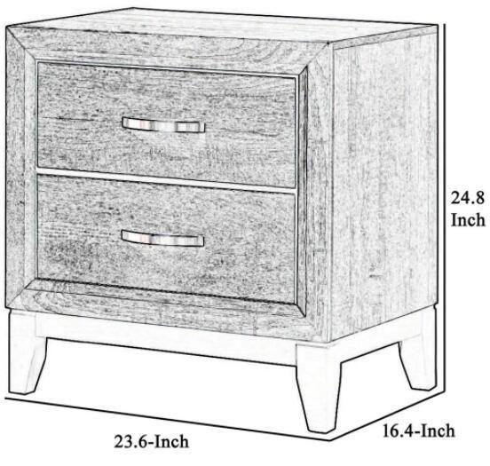 Two-drawer modern nightstand in light gray wood with metal bar pulls
