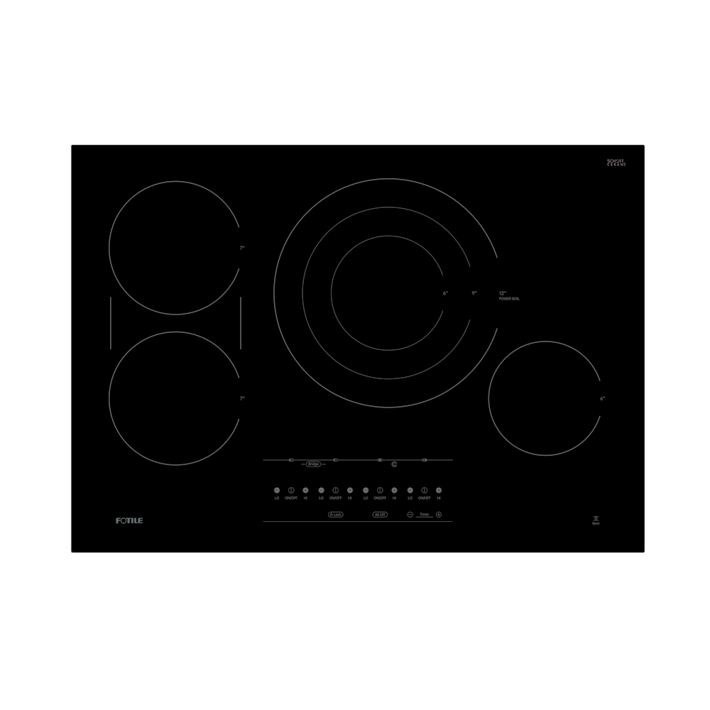 Fotile 30-Inch InstantHeat Series Built-In Electric Radiant Cooktop with 4 Heating Zones, 3,600W Tri-Ring Burner, Bridge Elements, 9 Power Levels, and SynCook Range Hood Sync in SCHOTT CERAN Black Ceramic Glass (EEG30411)