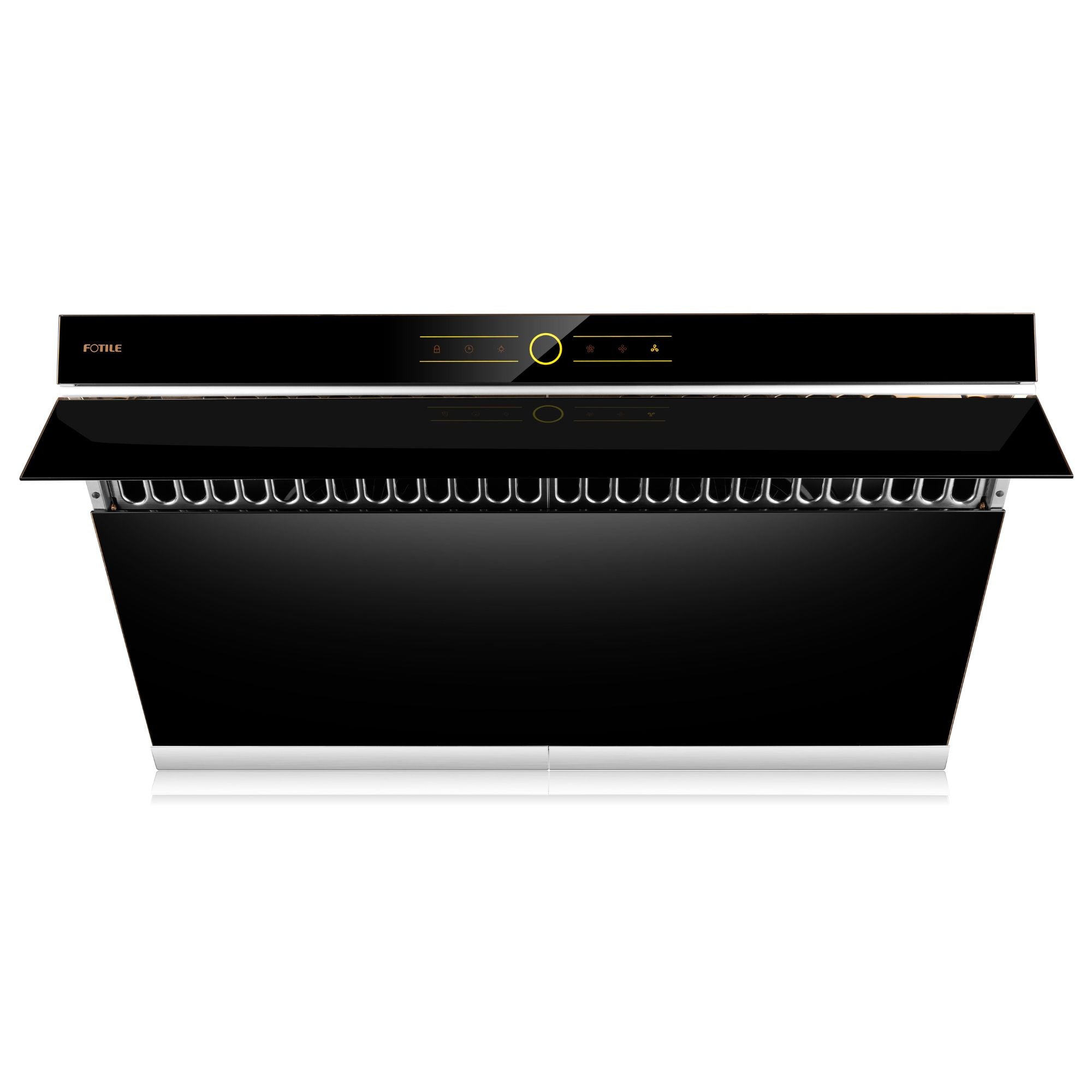 Slant range hood front view with black canopy, vent grille, and gold control ring