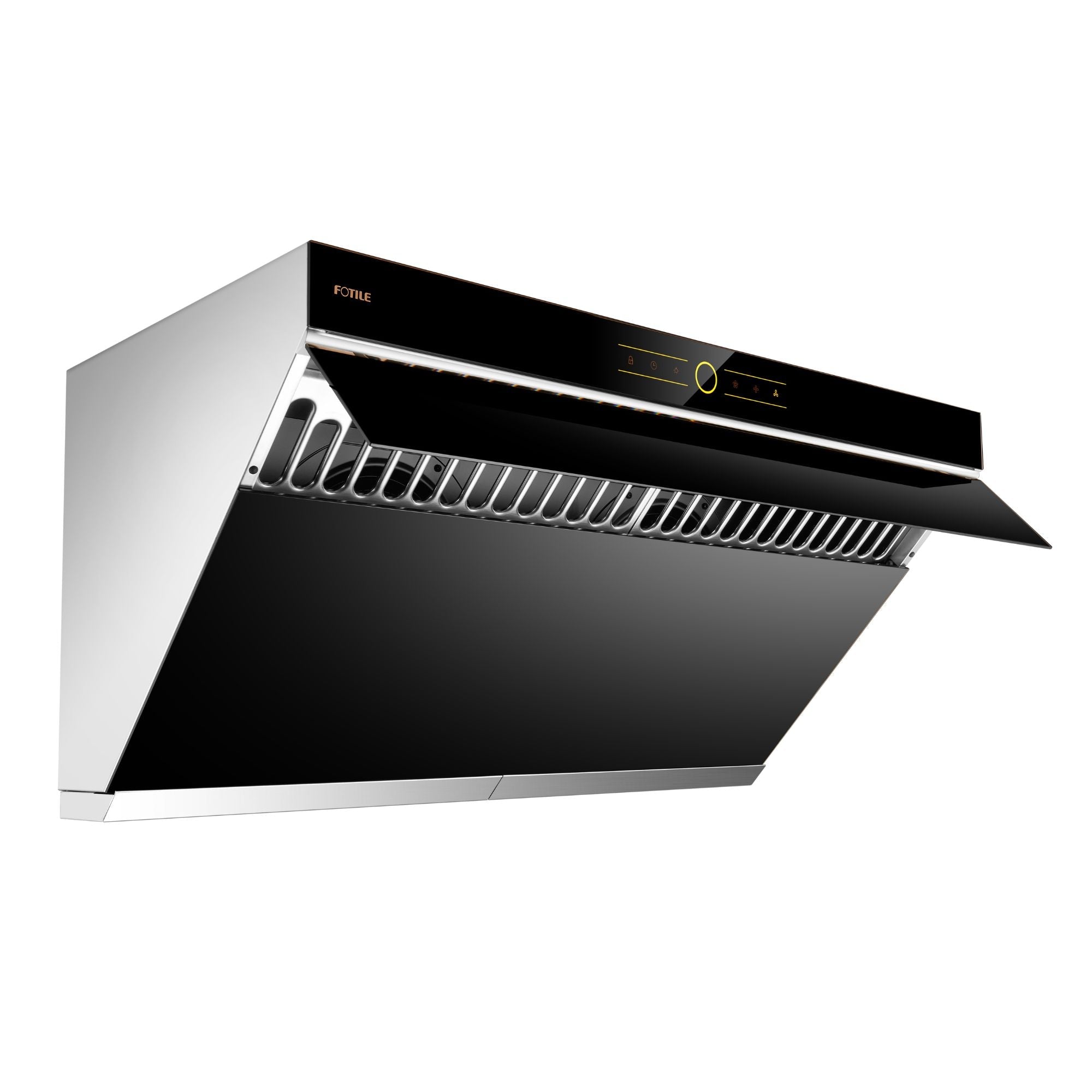 Slanted range hood angled view with black canopy, vent grille, and stainless housing