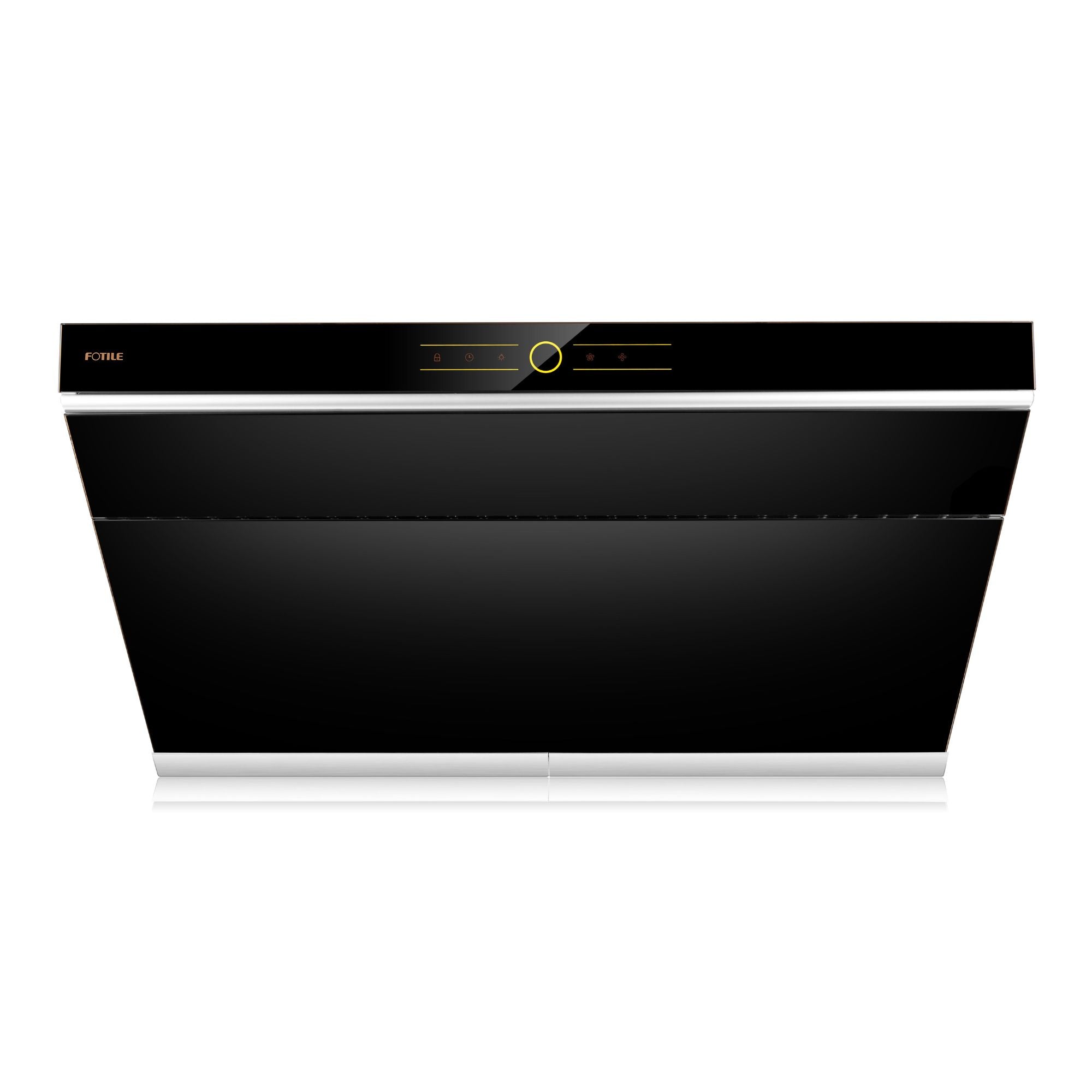 Under-cabinet range hood with black front, slim display panel, and gold circular control