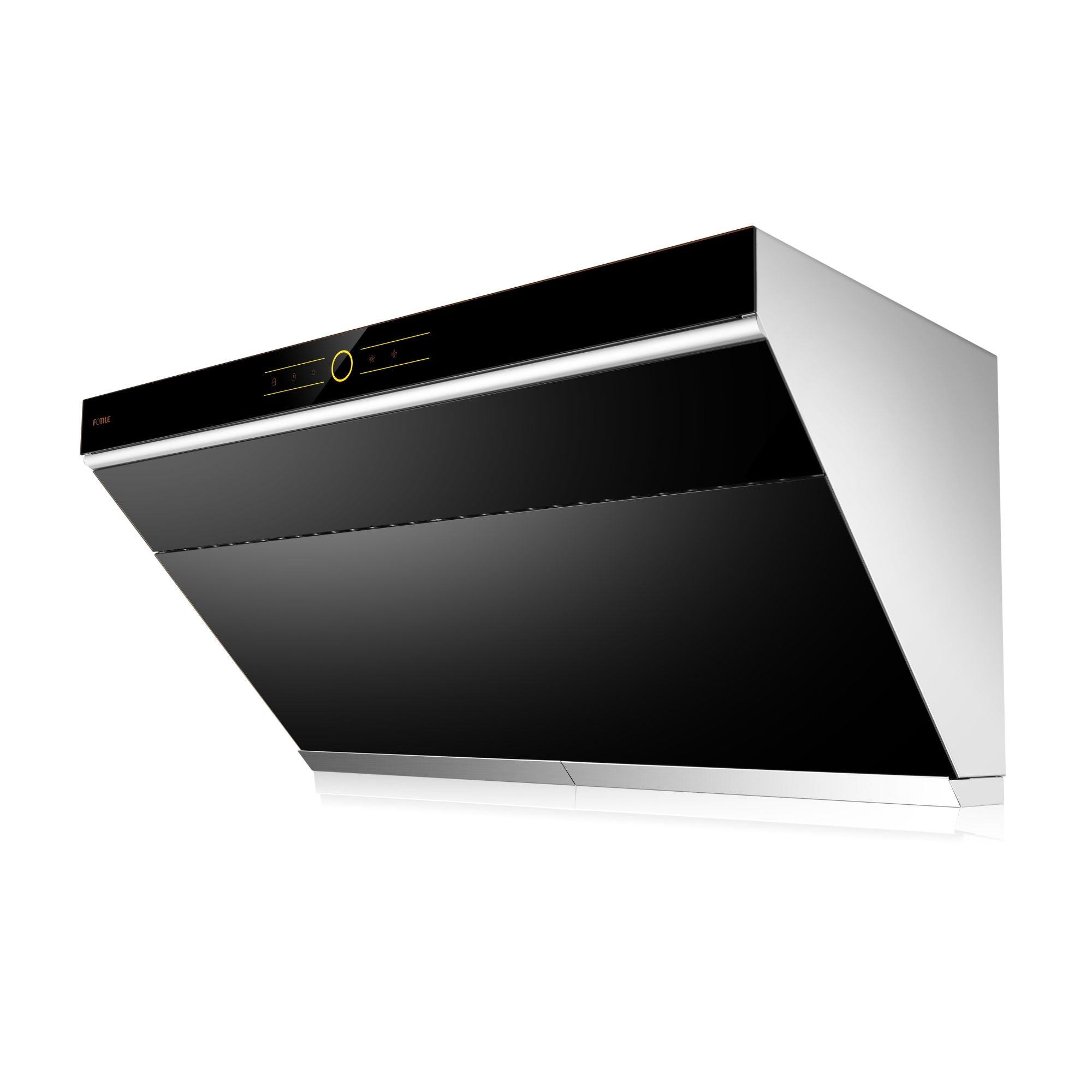 Wall-mount style range hood with black canopy and stainless chimney side housing
