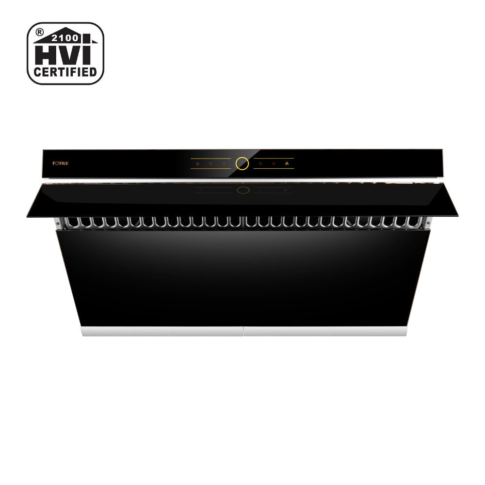 Slant range hood with black front panel, stainless filter grille, and control lights