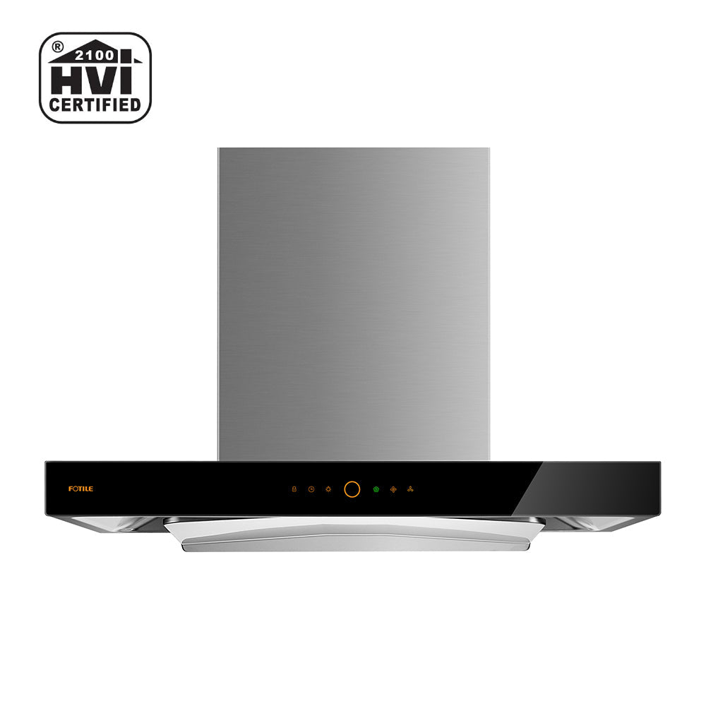 Stainless wall mount range hood with black front panel and illuminated touch icons