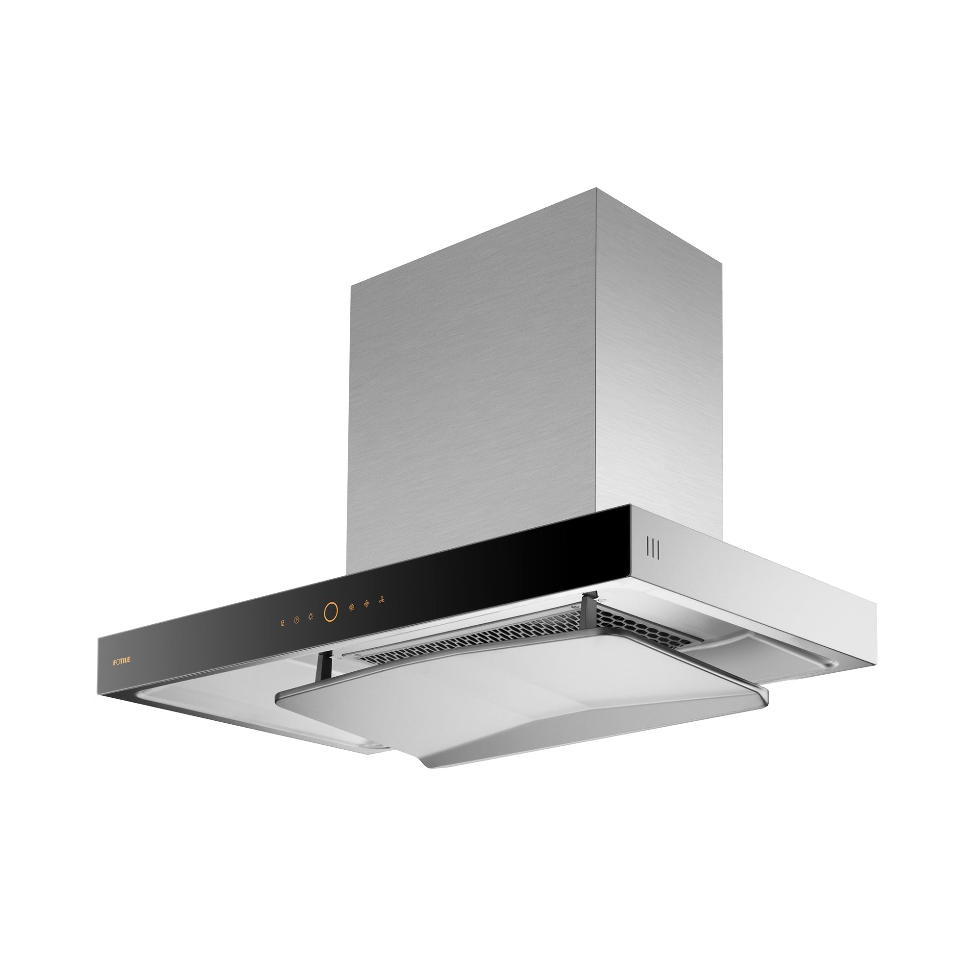 Stainless steel and black wall-mount range hood with open filter area and mesh grid