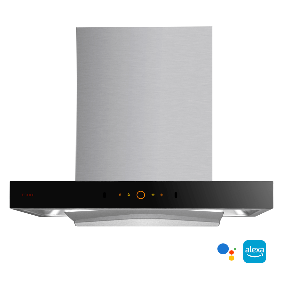 Stainless wall mount range hood with black front panel and illuminated touch controls