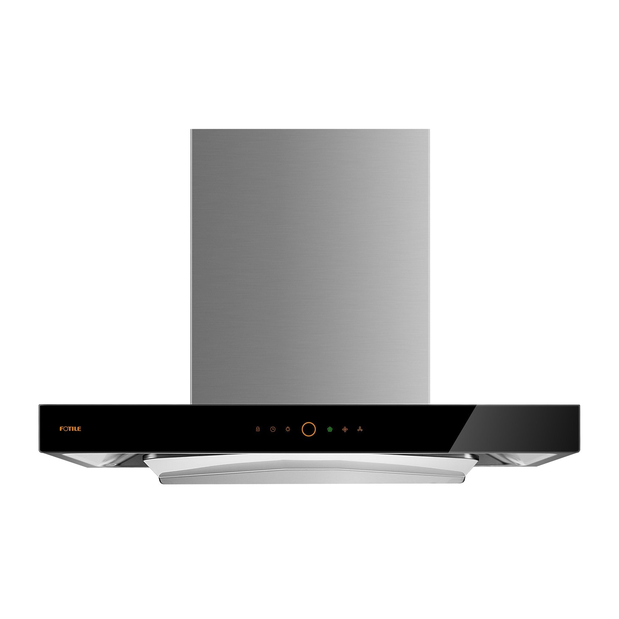 Stainless steel and black wall-mount range hood with vent chimney and front control bar