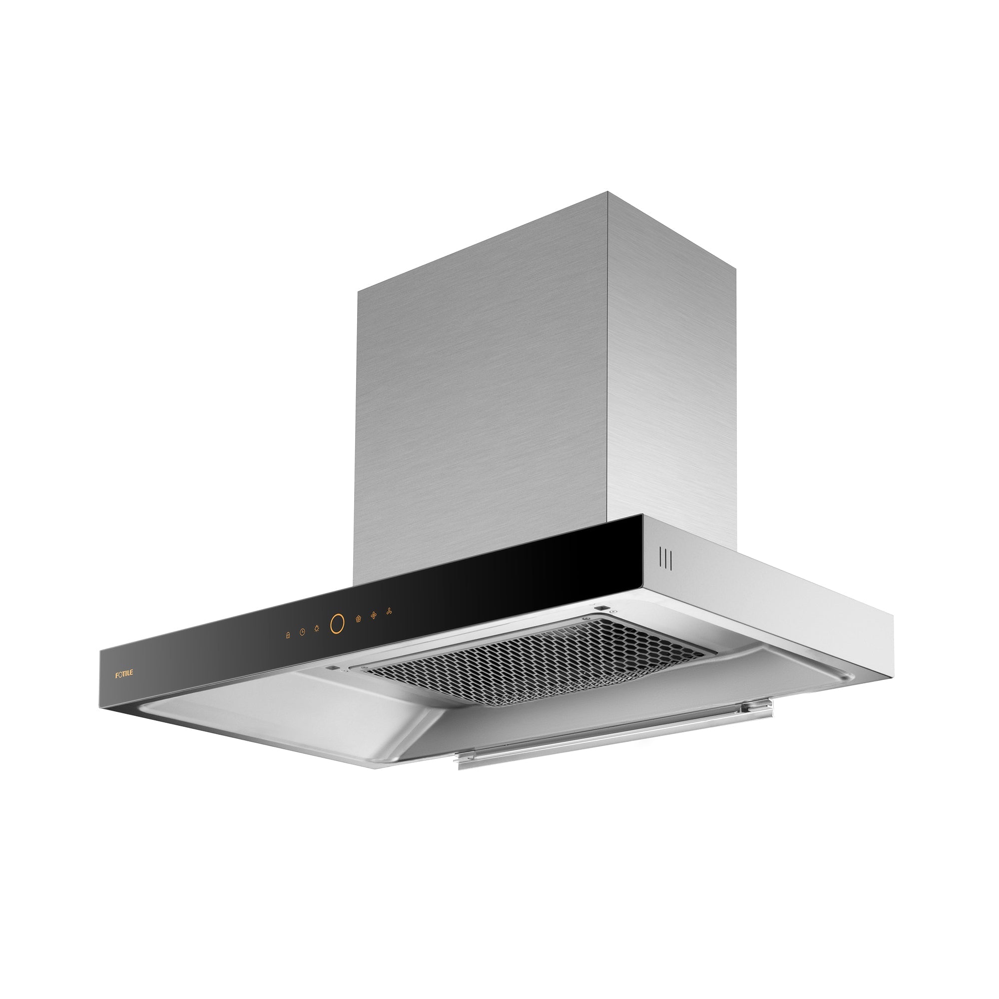 Stainless wall-mount range hood with black control panel and perimeter vent screen