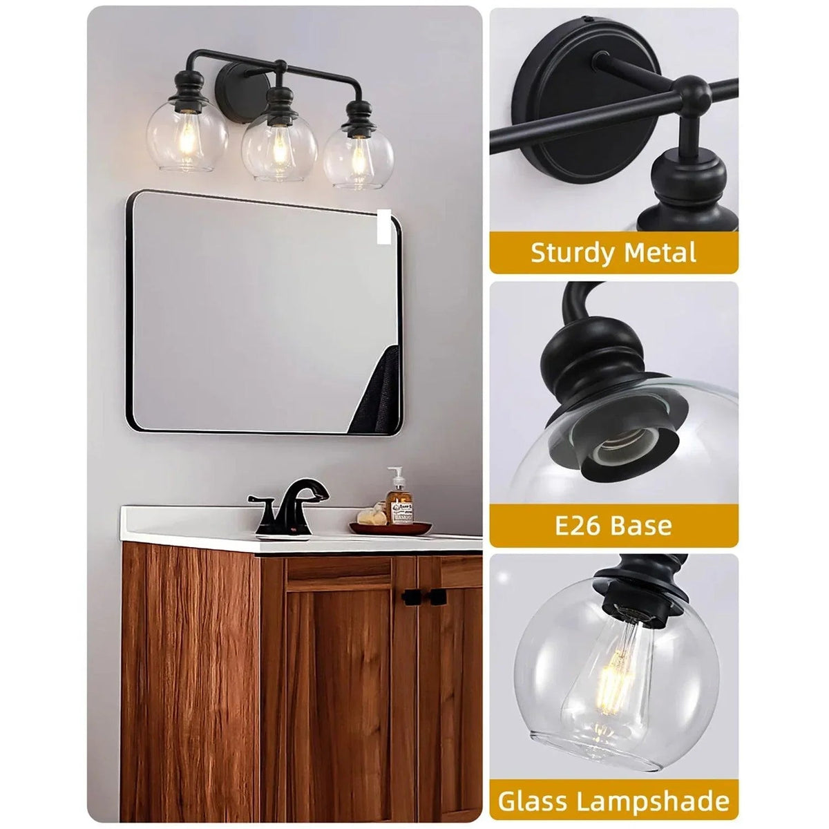 Black 3-light vanity light with clear glass globe shades on a black wall backplate