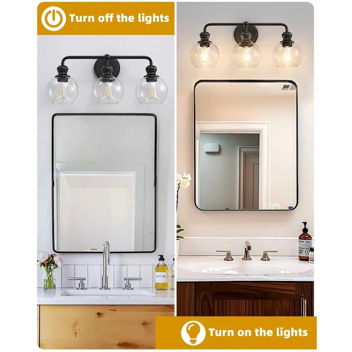 Black 3-light vanity light with clear glass globe shades, shown switched on