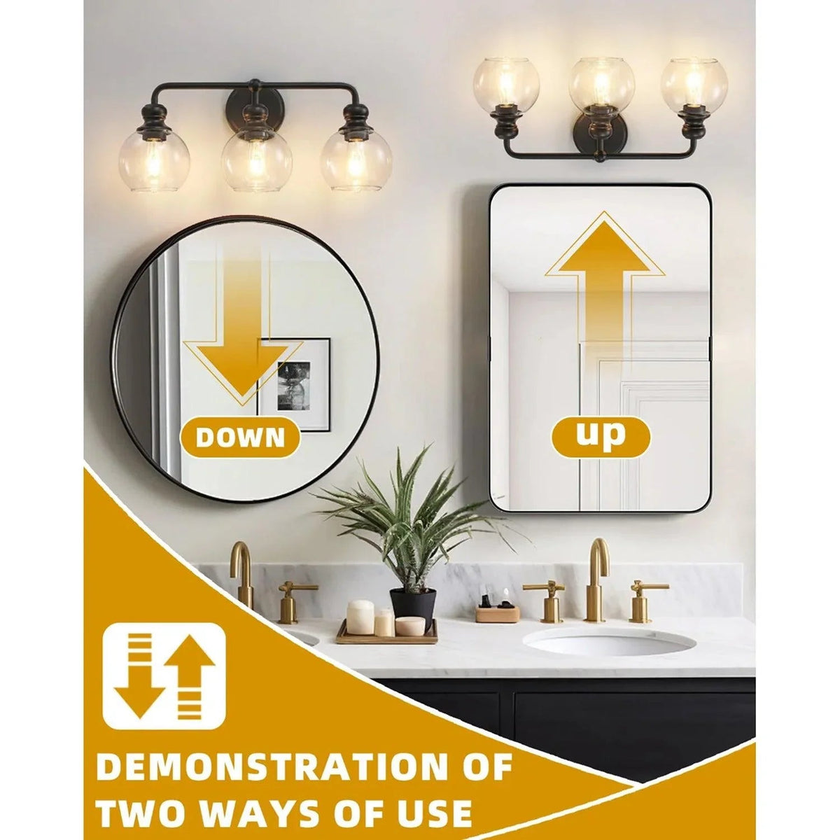 Black 3-light vanity light with three clear glass globe shades above a bathroom sink
